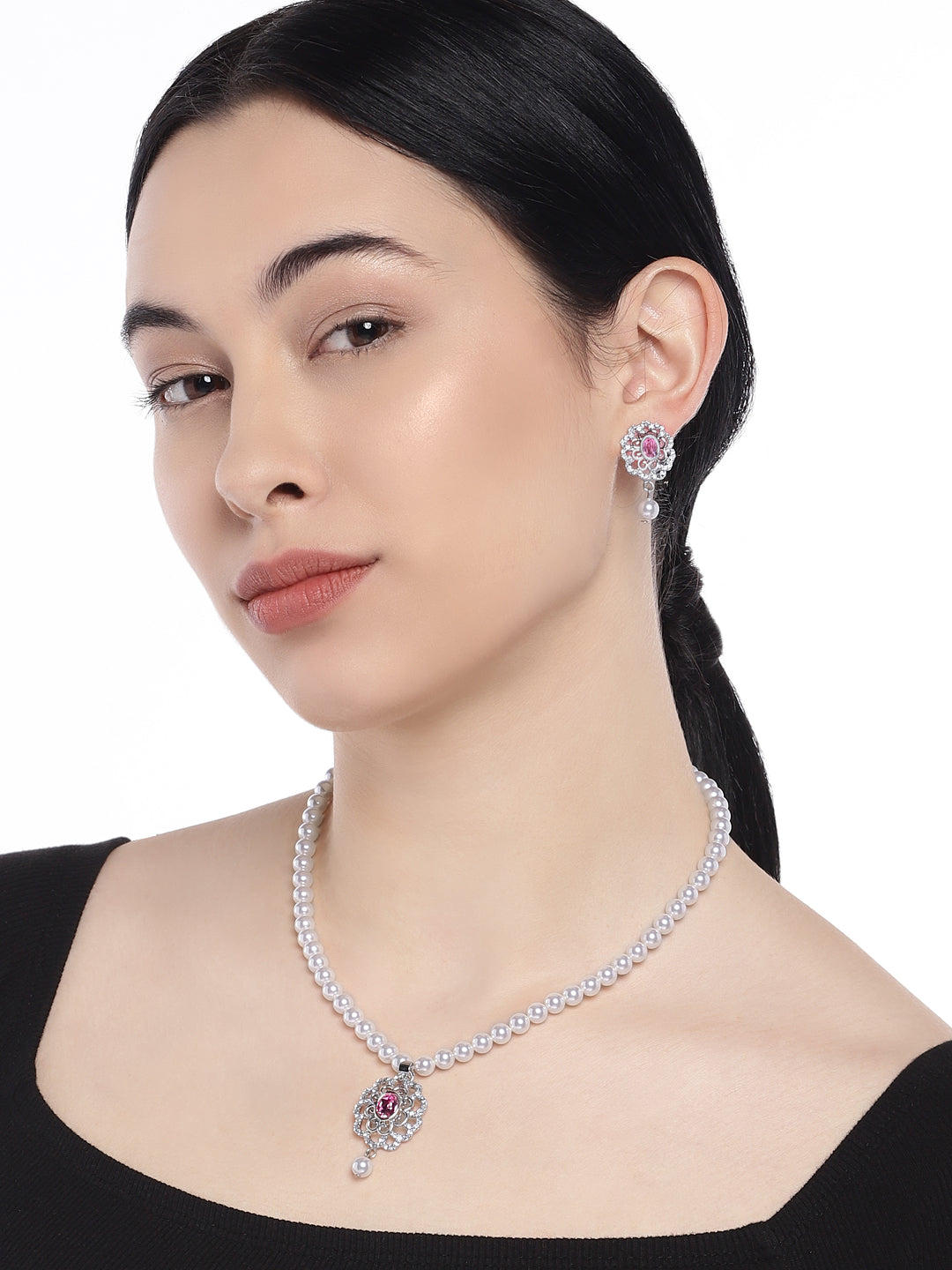 Valentine Gift Pink and White Cubic Zirconia Floral Necklace Set