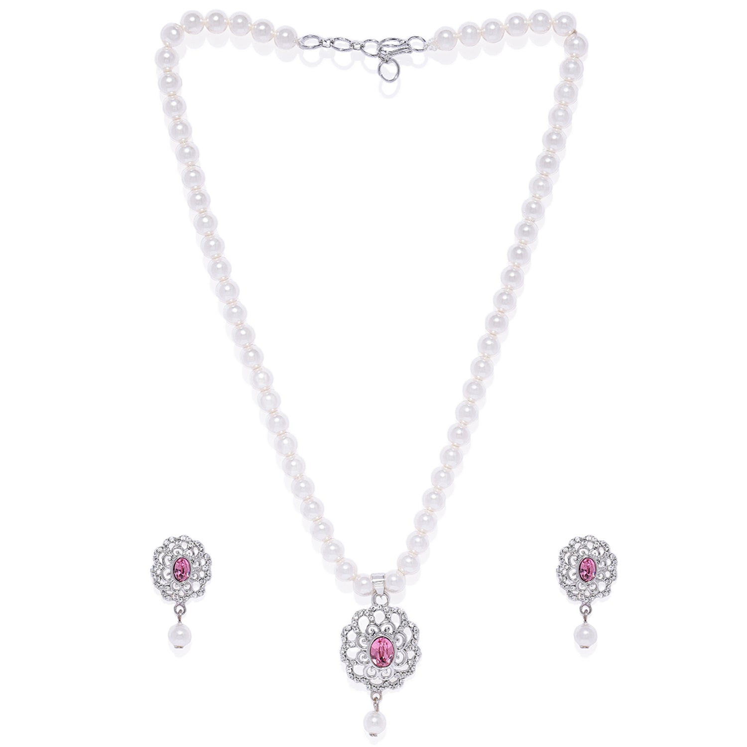 Valentine Gift Pink and White Cubic Zirconia Floral Necklace Set