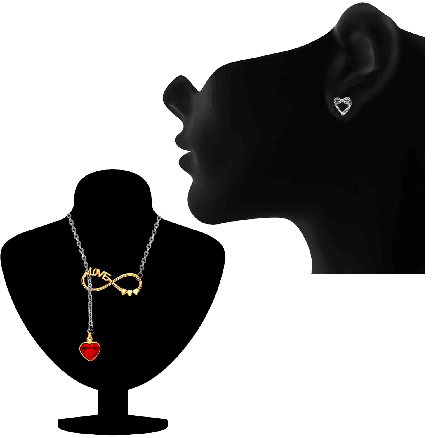 Dual tone Blissful Love adjustable lariat necklace set with Cubic Zirconia