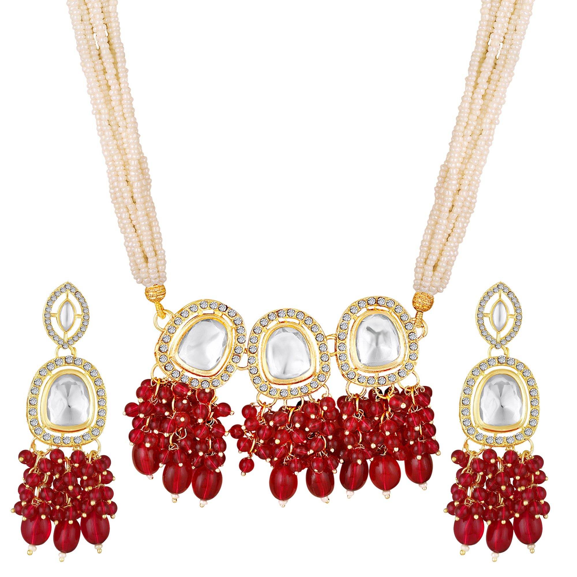 Rani Pink Beads Drop Multistrand Beaded Necklace & Earring Set