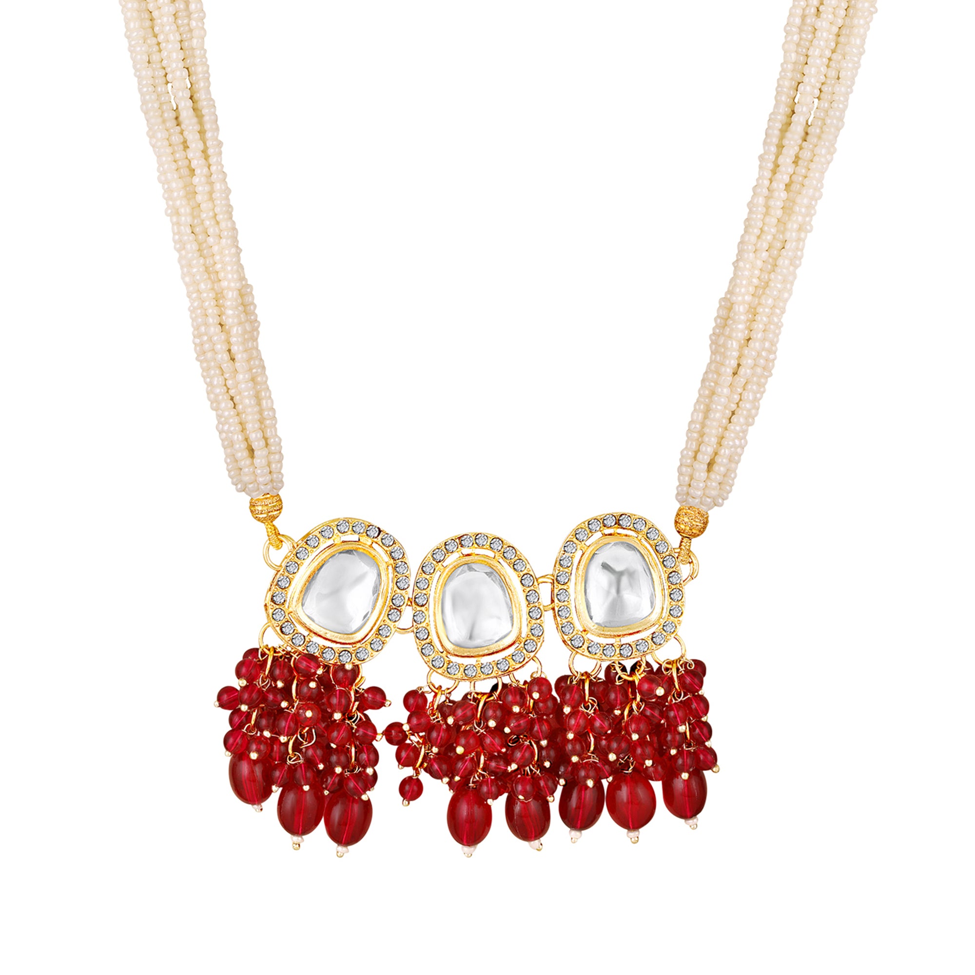 Rani Pink Beads Drop Multistrand Beaded Necklace & Earring Set