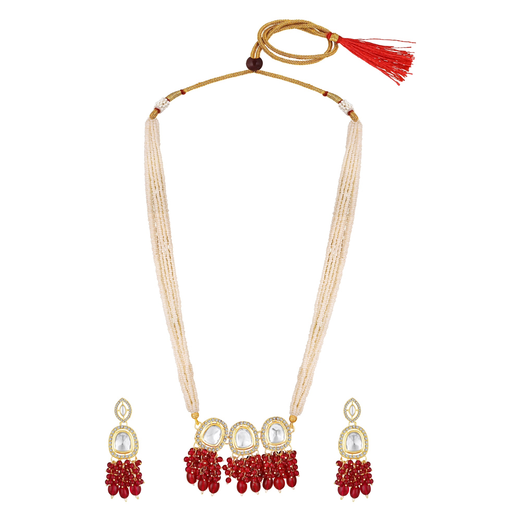 Rani Pink Beads Drop Multistrand Beaded Necklace & Earring Set