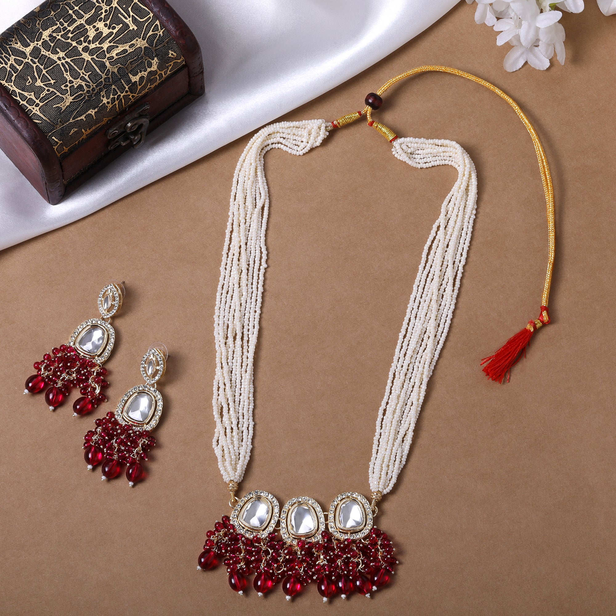 Rani Pink Beads Drop Multistrand Beaded Necklace & Earring Set