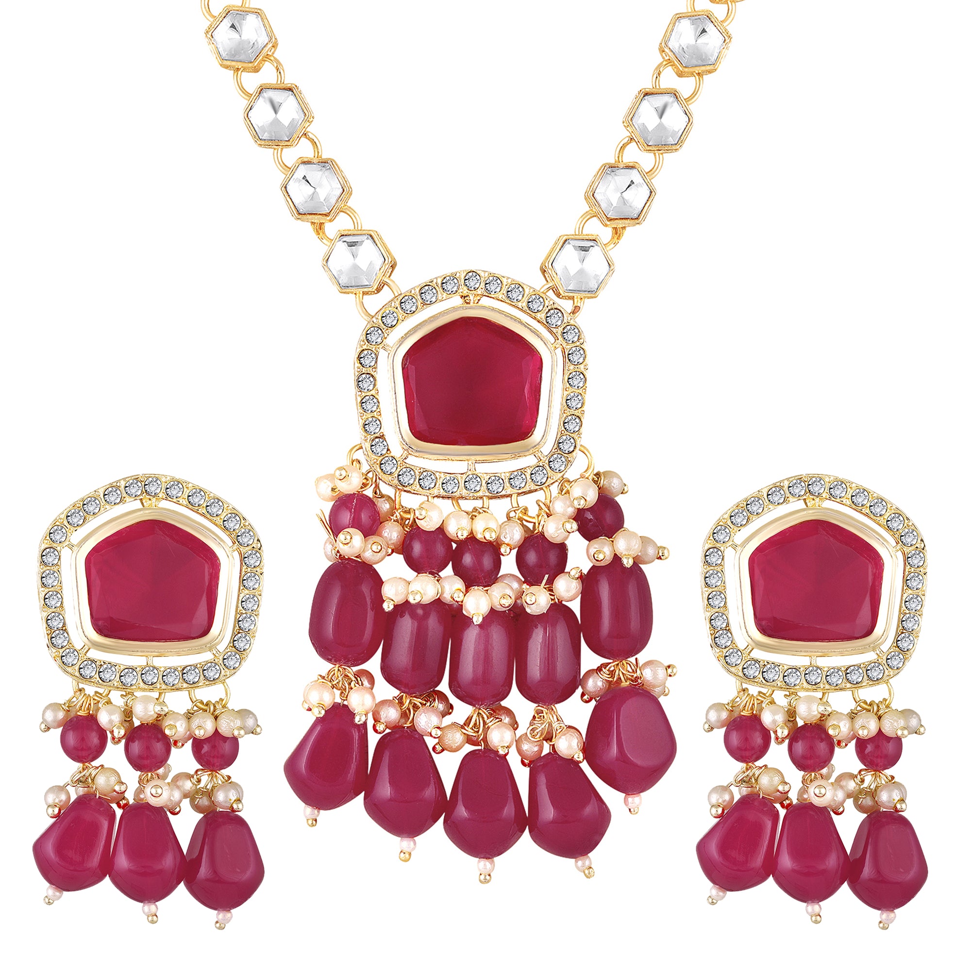 Rani Pink Beads Drop Multistrand Beaded Necklace & Earring Set