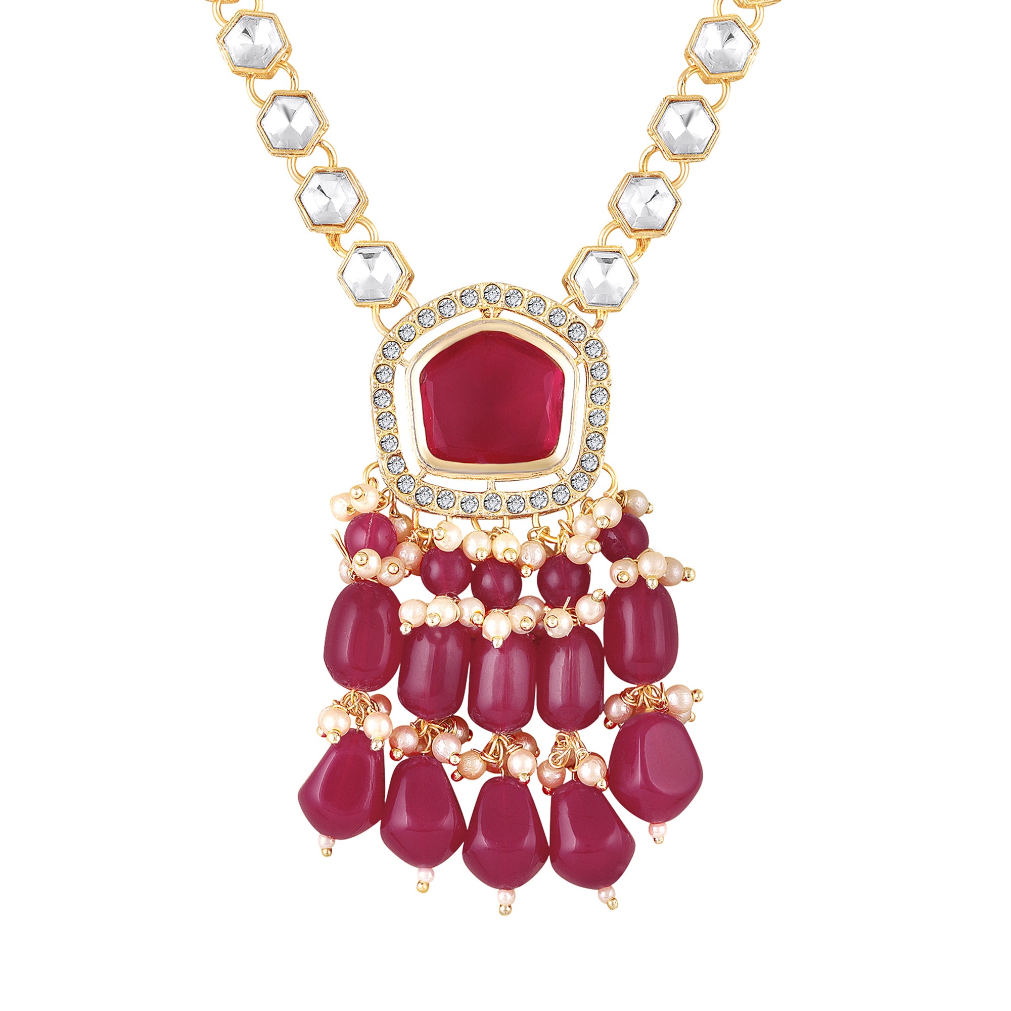 Rani Pink Beads Drop Multistrand Beaded Necklace & Earring Set