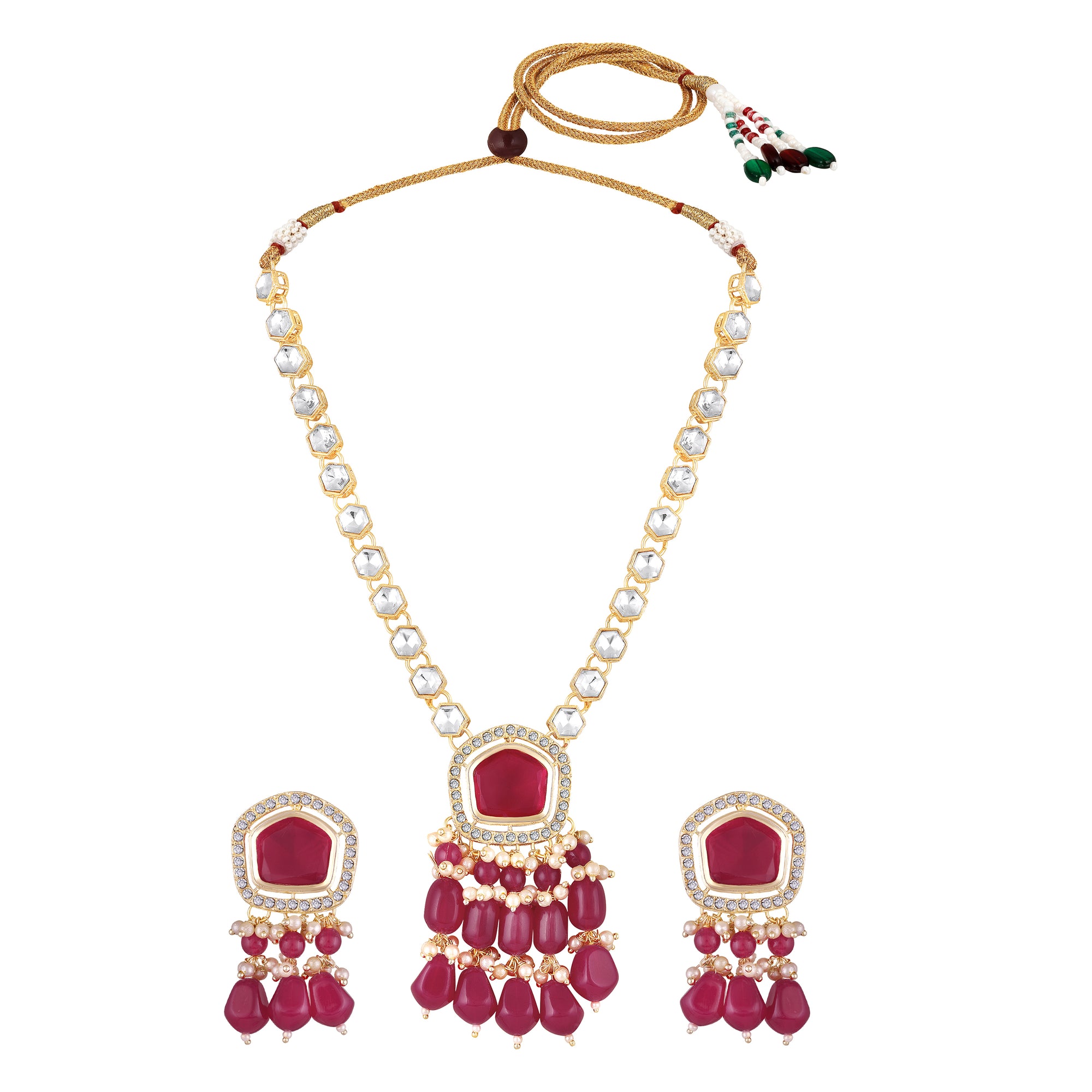 Rani Pink Beads Drop Multistrand Beaded Necklace & Earring Set