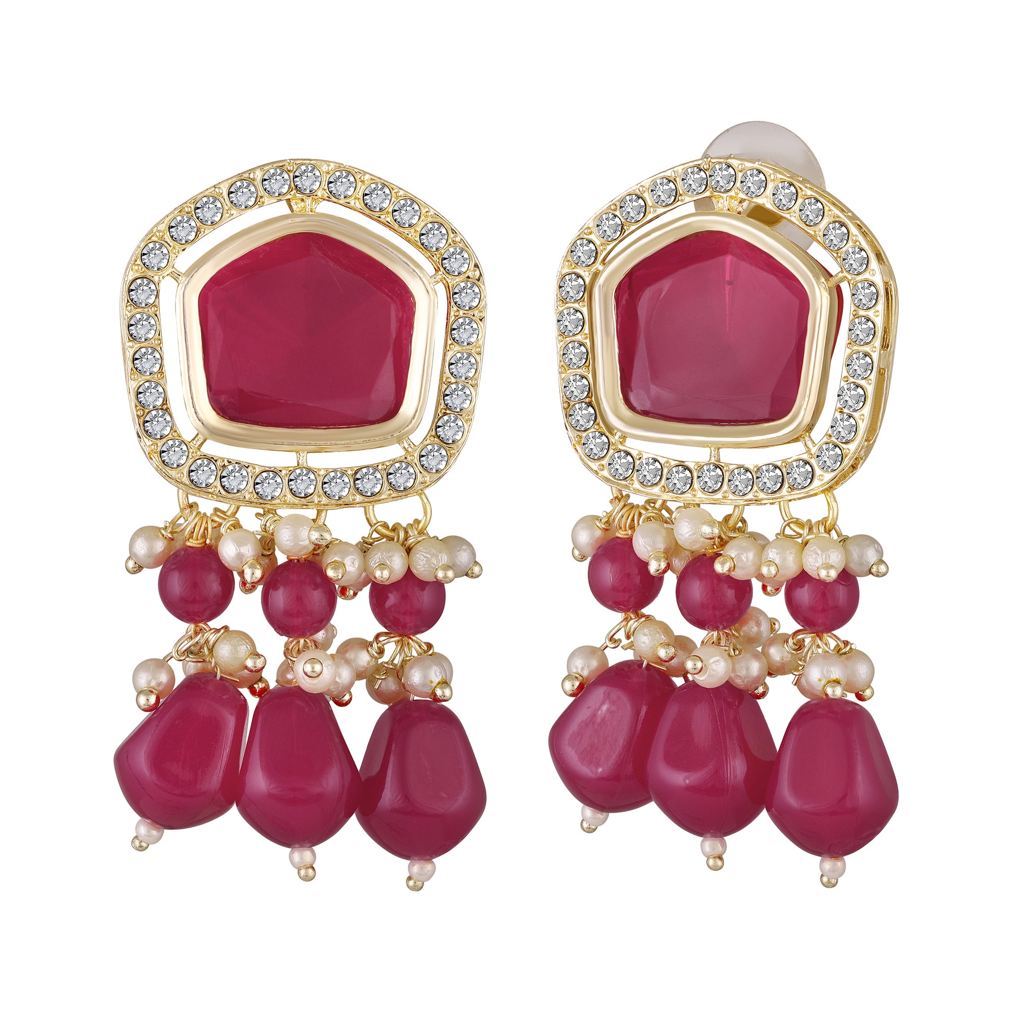 Rani Pink Beads Drop Multistrand Beaded Necklace & Earring Set