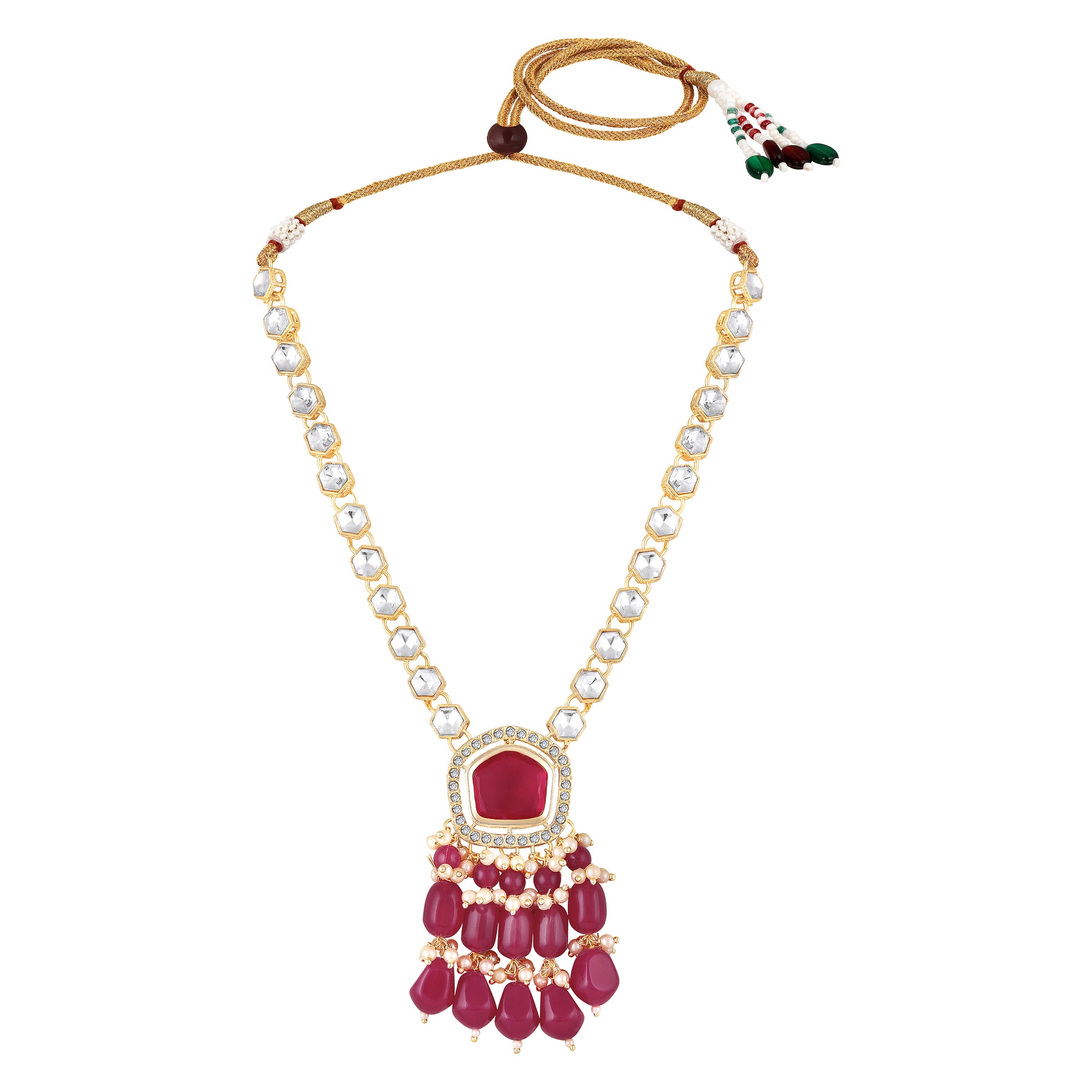 Rani Pink Beads Drop Multistrand Beaded Necklace & Earring Set