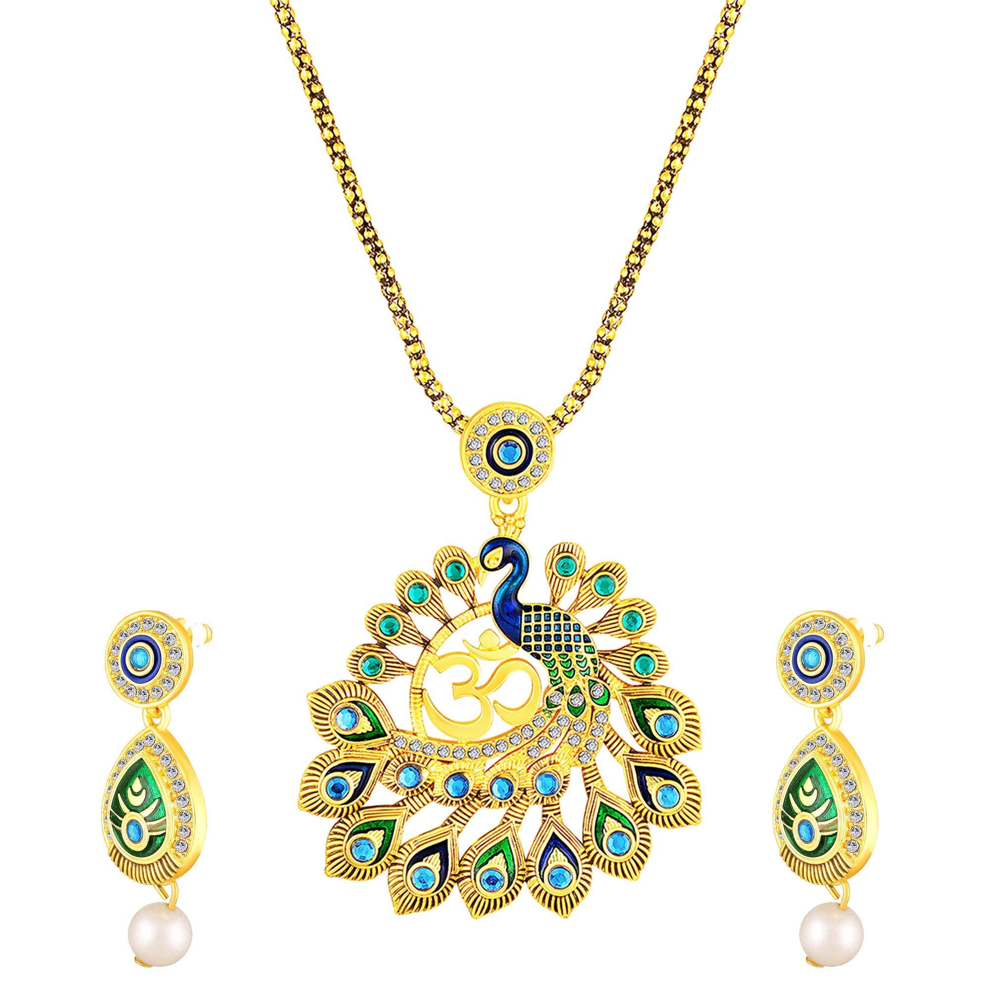Peacock-Shaped Traditional Om Pendant Necklace Set