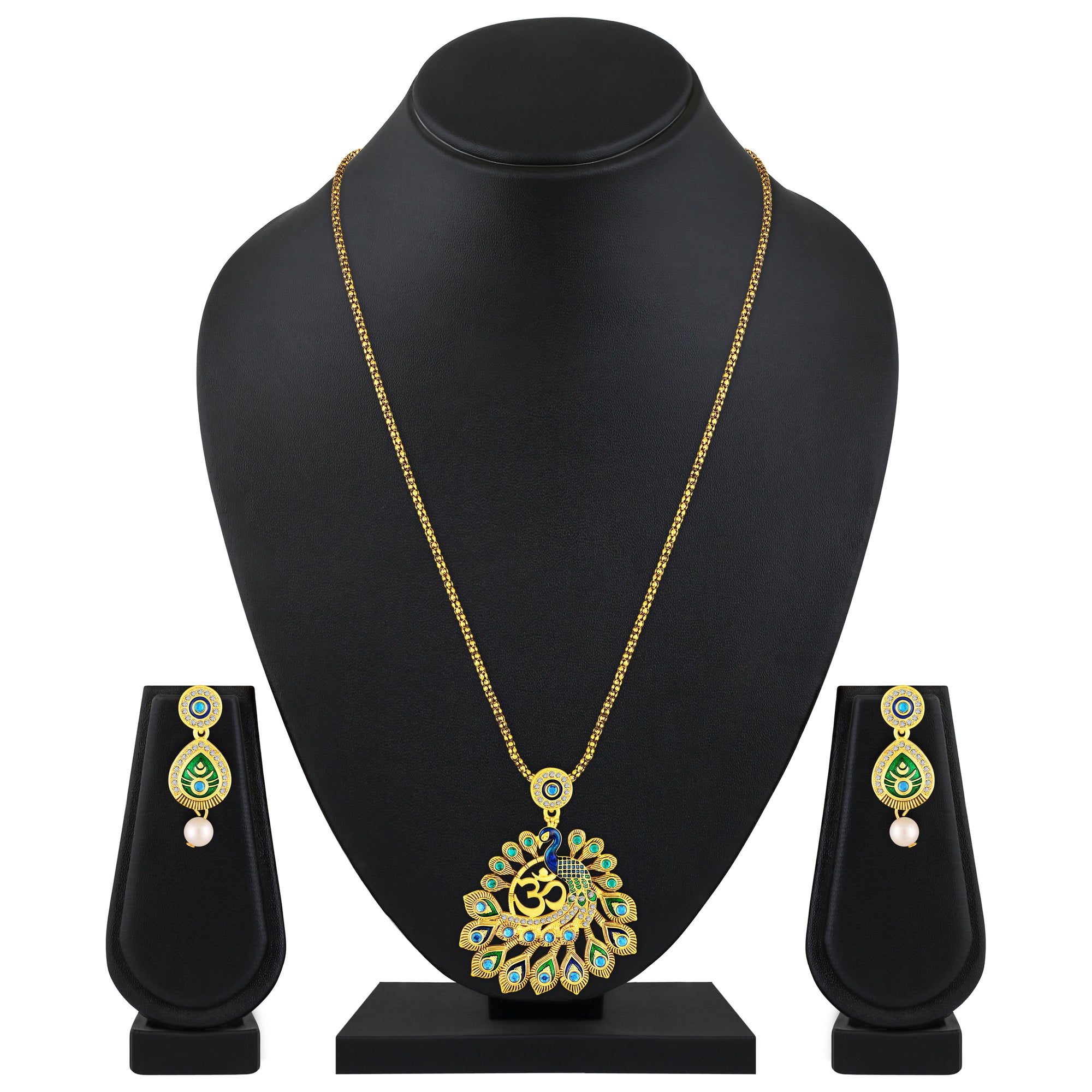 Peacock-Shaped Traditional Om Pendant Necklace Set
