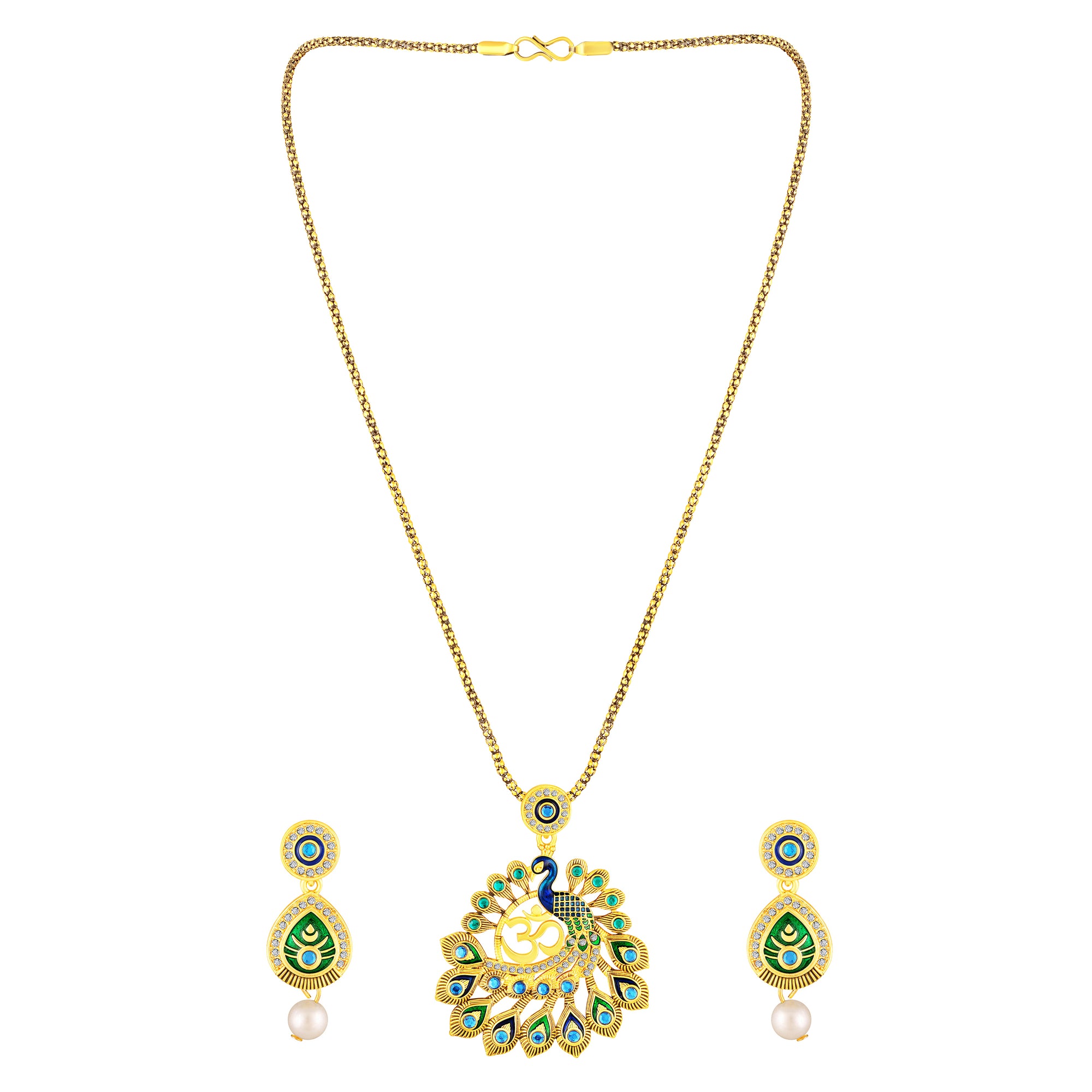 Peacock-Shaped Traditional Om Pendant Necklace Set