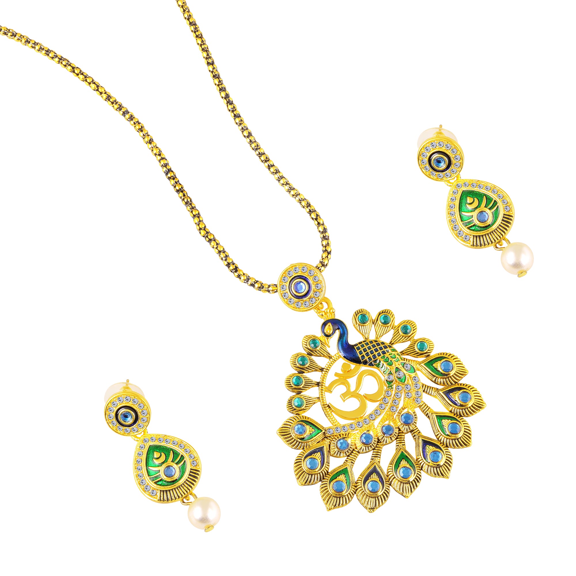 Peacock-Shaped Traditional Om Pendant Necklace Set