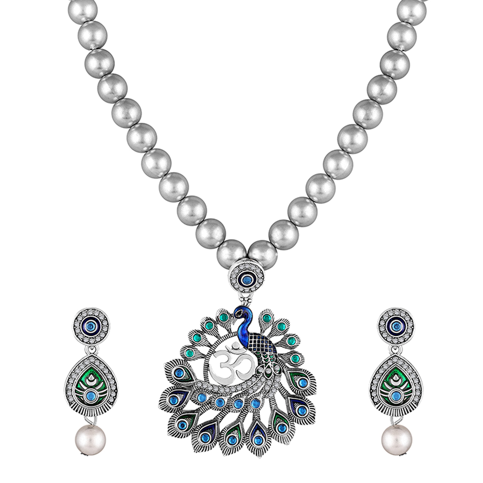 Peacock-Themed & Om Oxidised Silver Artificial Pearl Necklace Set