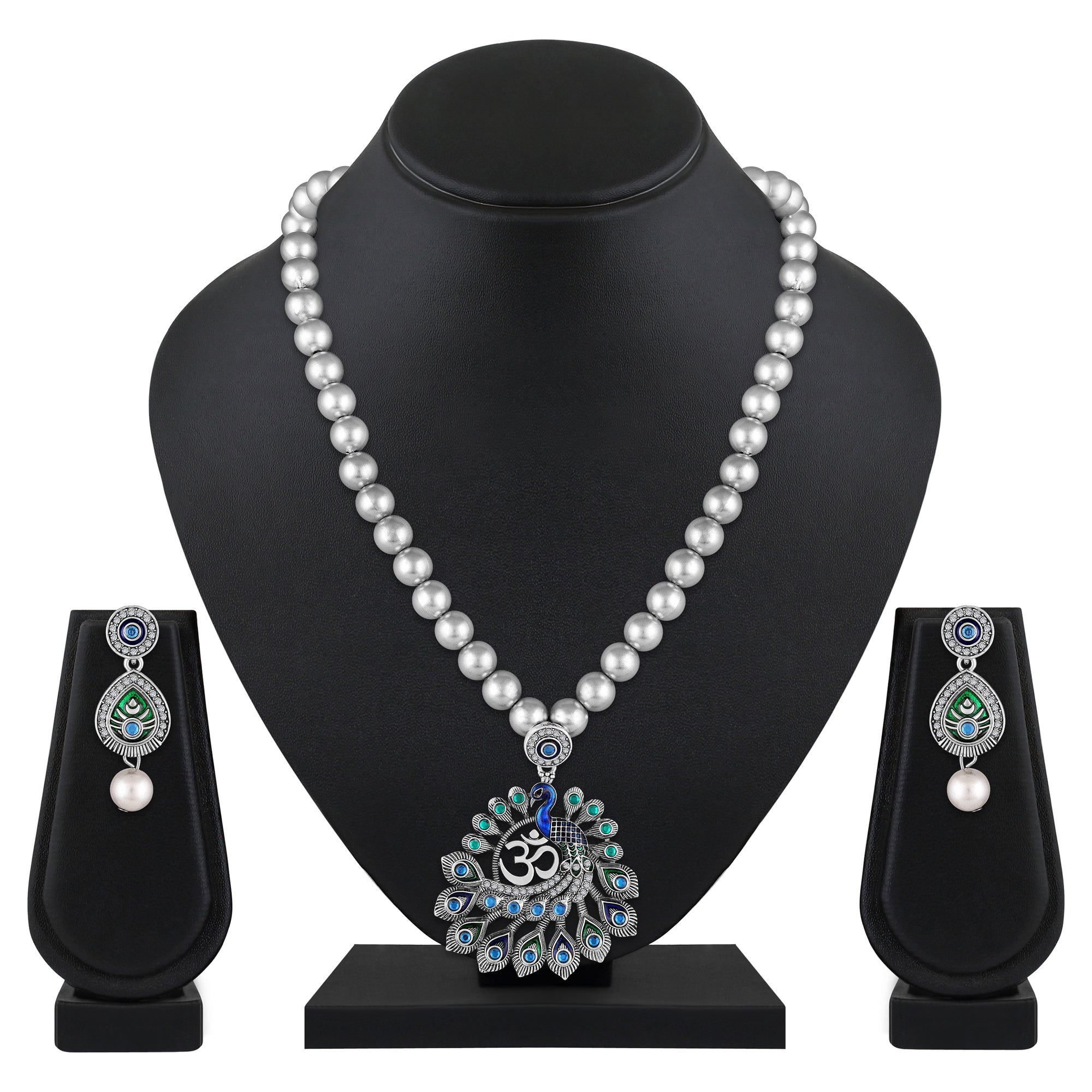 Peacock-Themed & Om Oxidised Silver Artificial Pearl Necklace Set