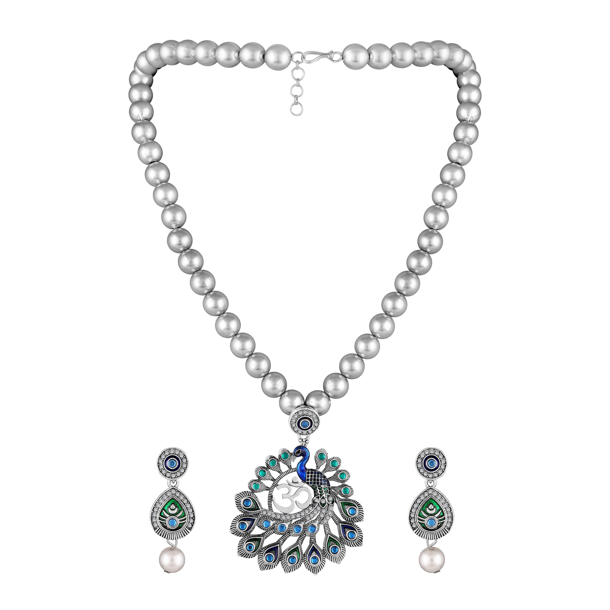 Peacock-Themed & Om Oxidised Silver Artificial Pearl Necklace Set