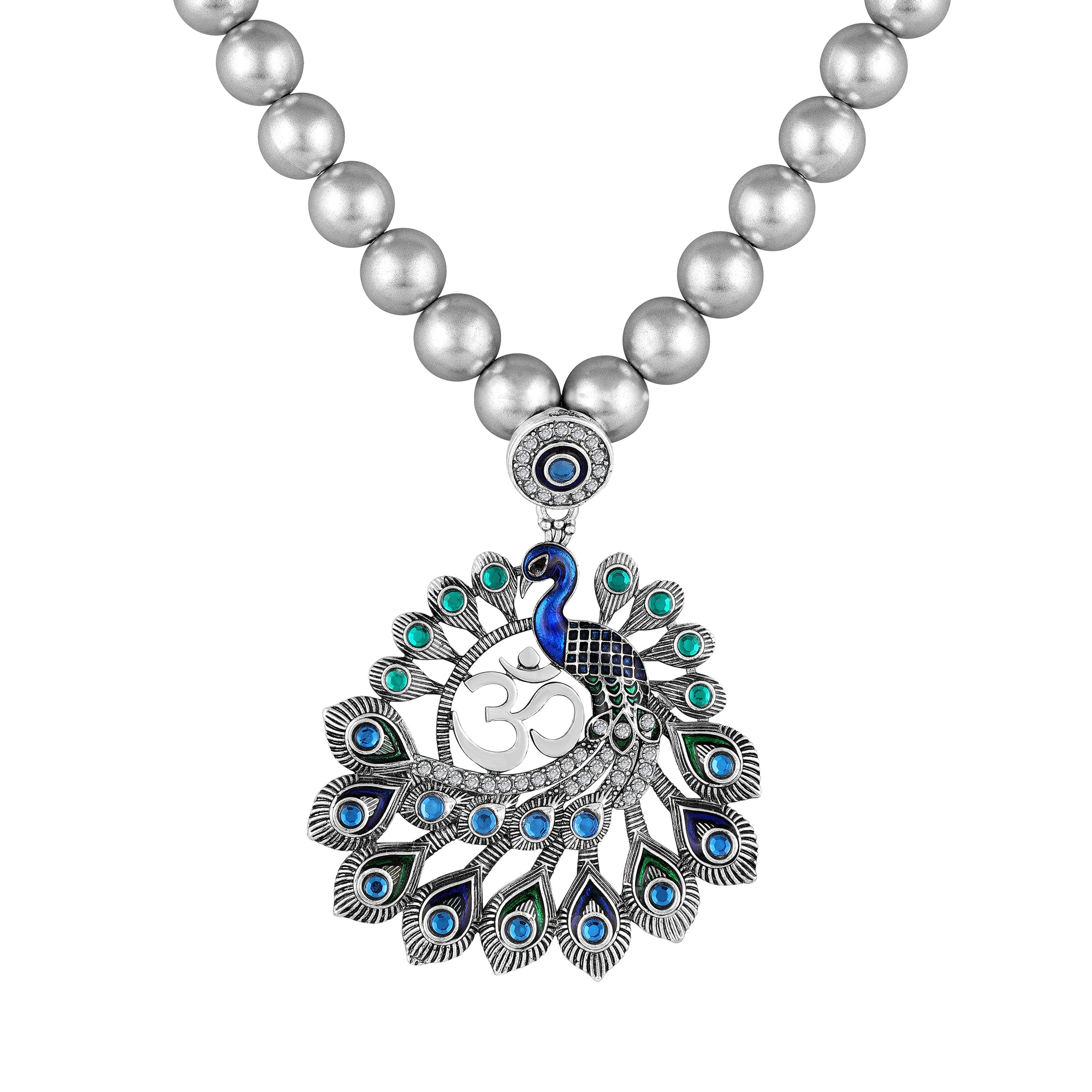 Peacock-Themed & Om Oxidised Silver Artificial Pearl Necklace Set
