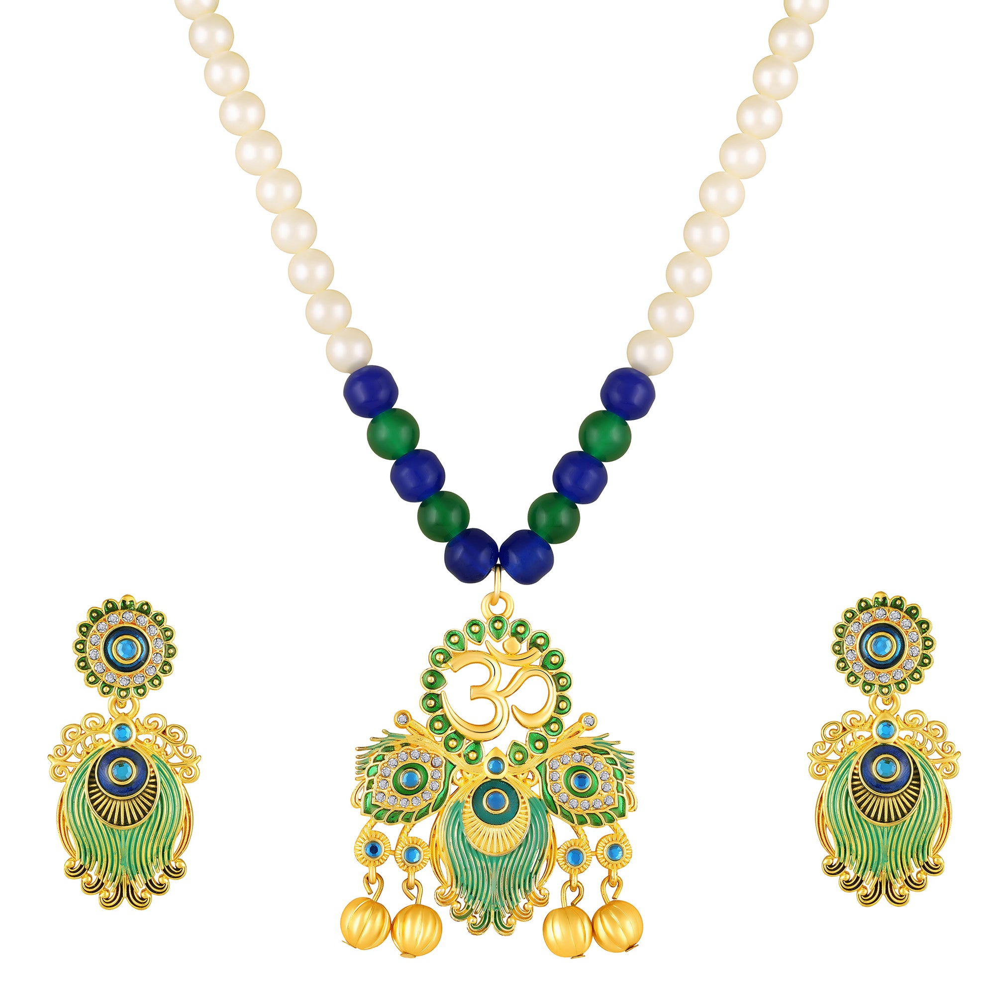 Peacock-Themed & Om Artificial Pearl Necklace Set