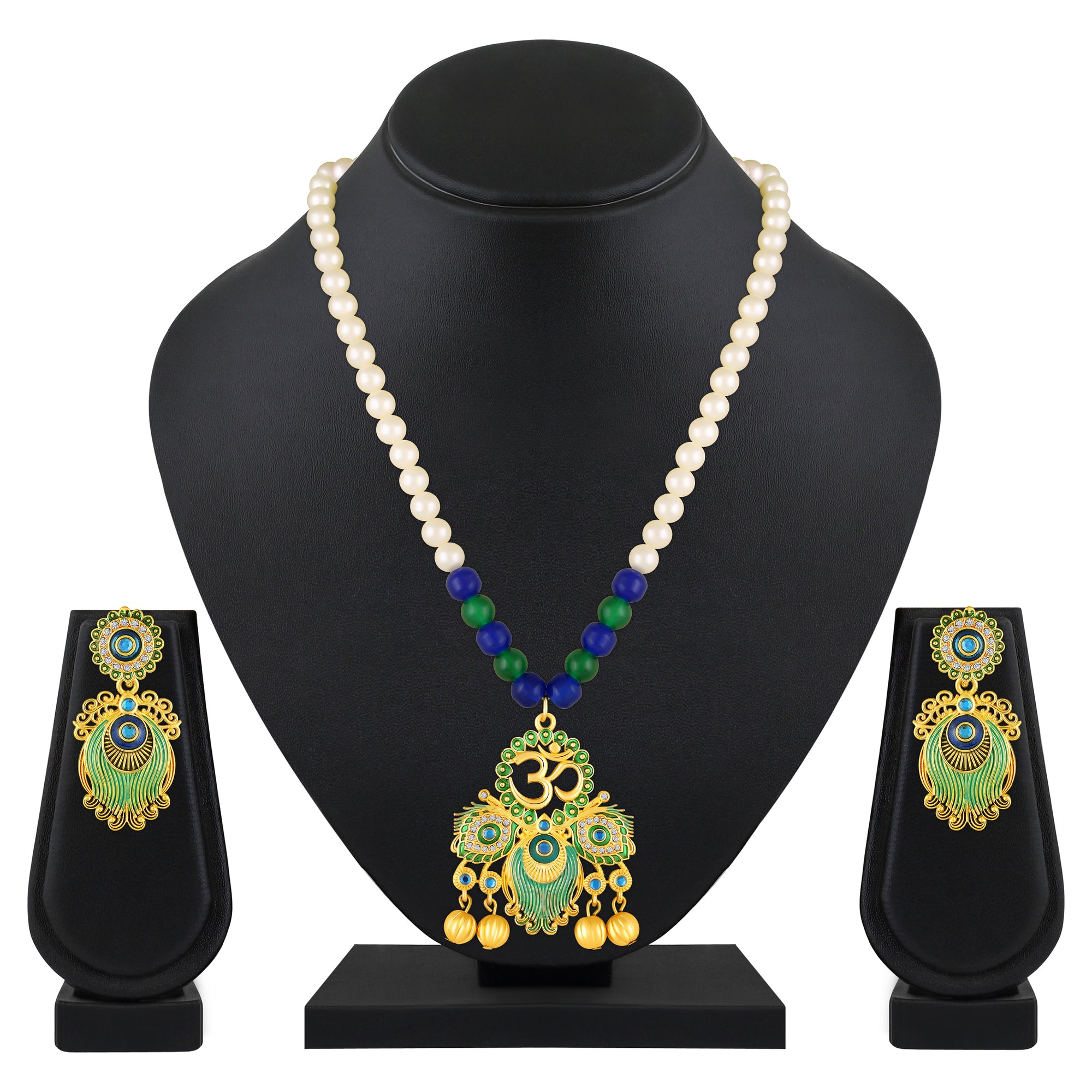 Peacock-Themed & Om Artificial Pearl Necklace Set