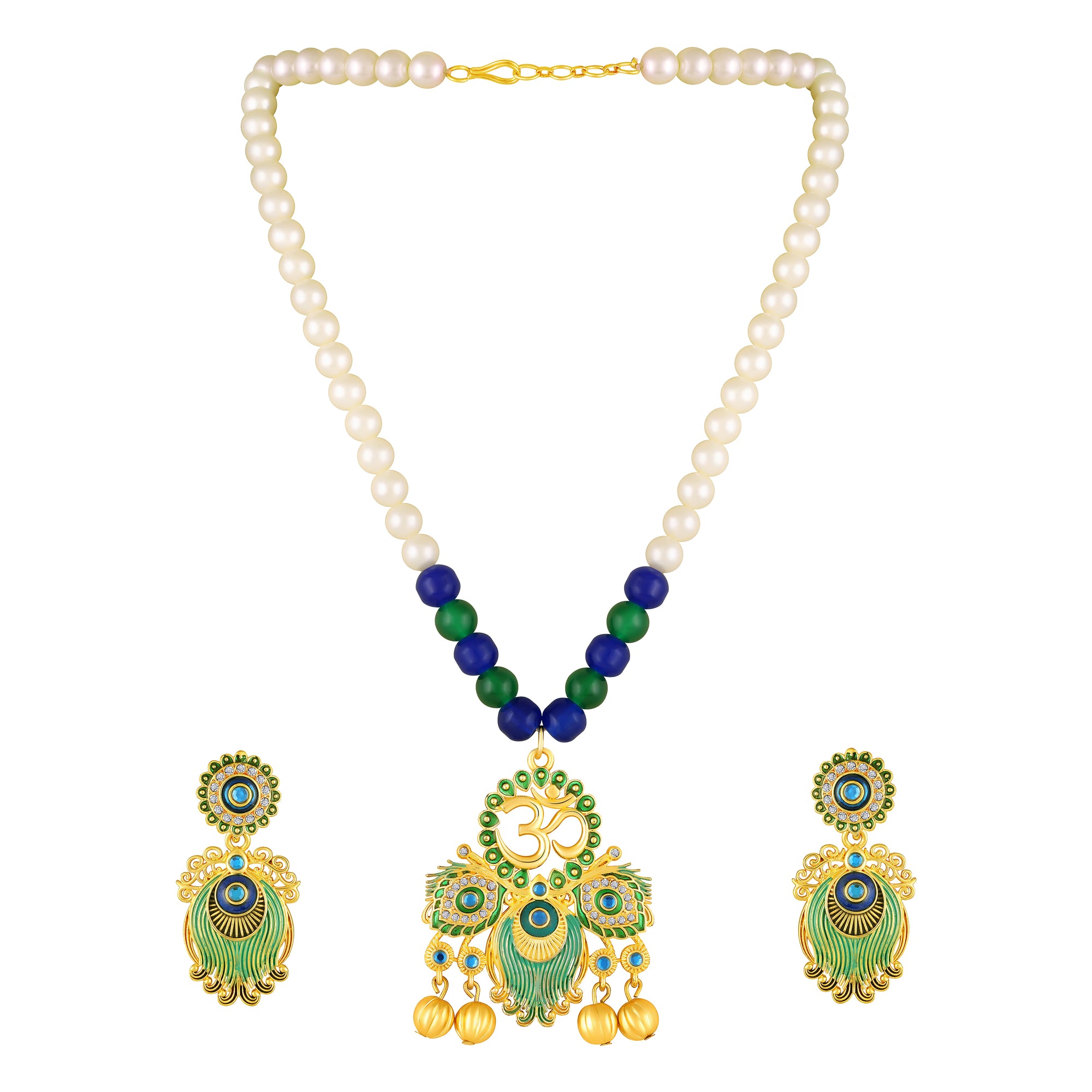 Peacock-Themed & Om Artificial Pearl Necklace Set
