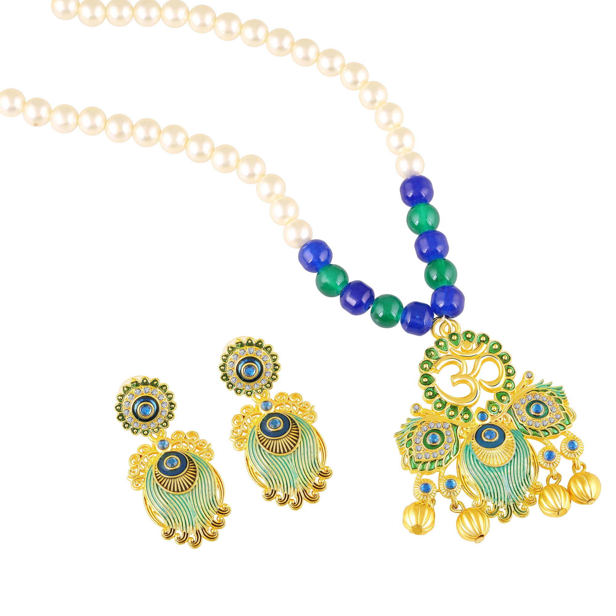 Peacock-Themed & Om Artificial Pearl Necklace Set