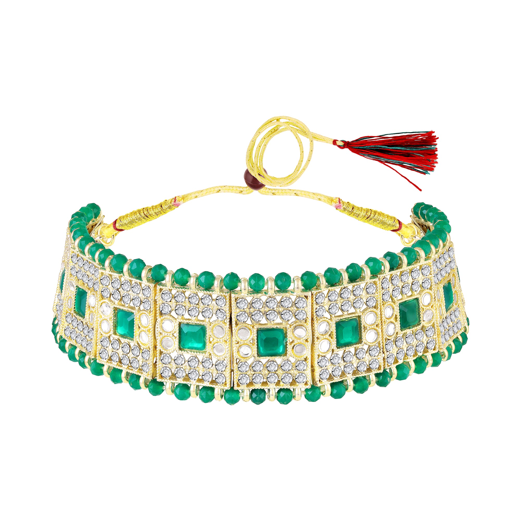 Wedding & Festive Wear Green Kundan Choker Jewellery Set with Earrings & Maang Tikka