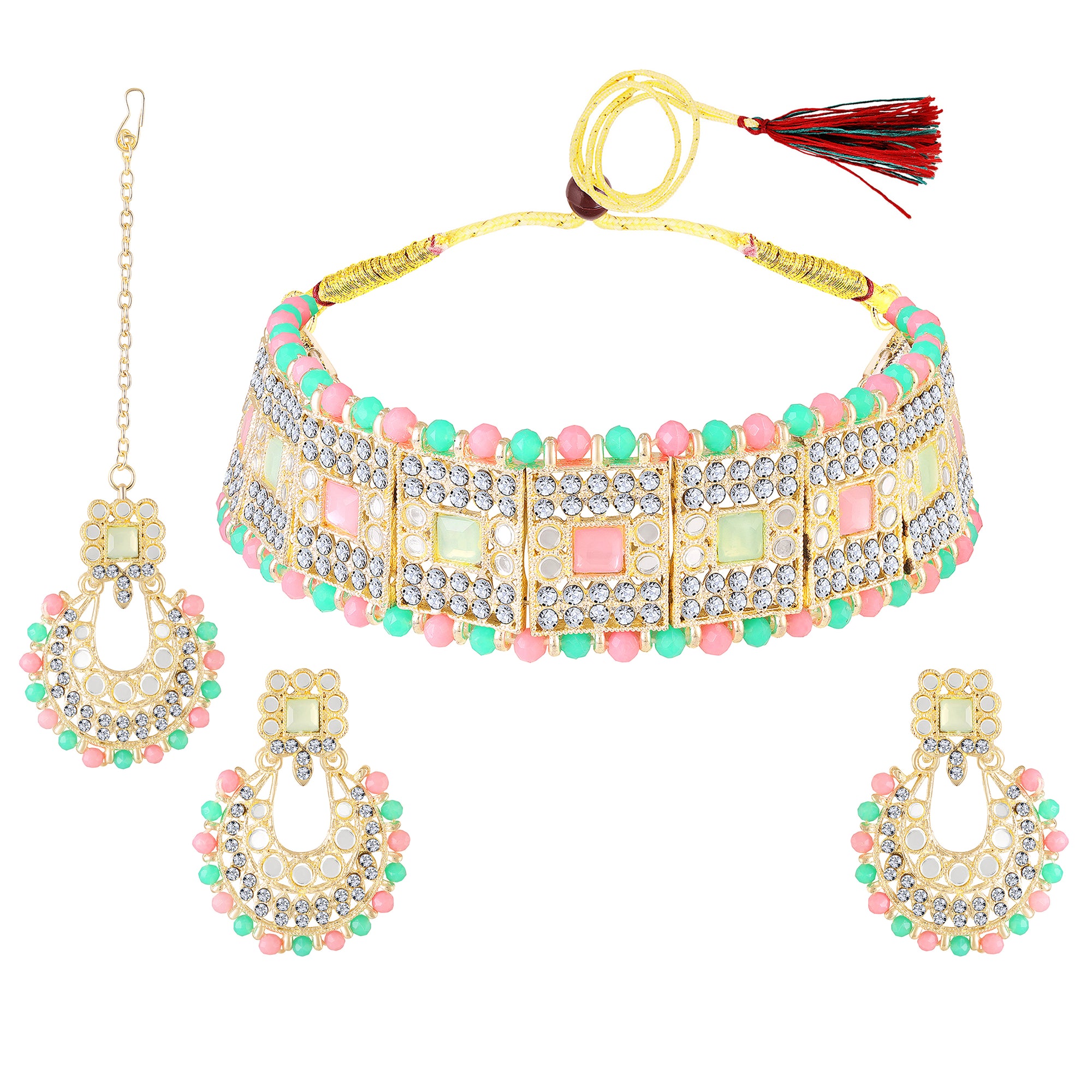 Wedding & Festive Wear Multicolor Kundan Choker Jewellery Set with Earrings & Maang Tikka