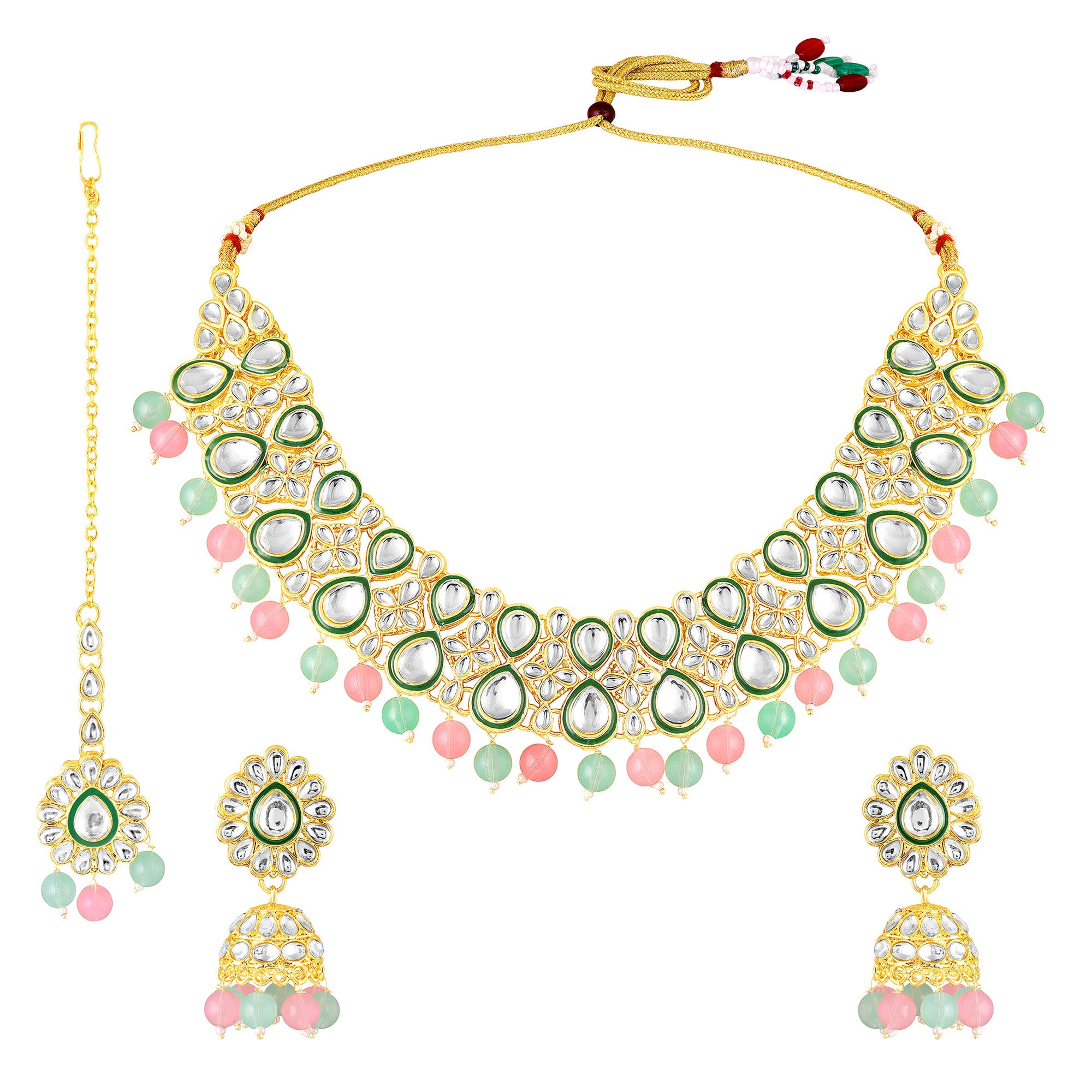 Wedding & Festive Wear Multicolor Kundan Choker Jewellery Set with Earrings & Maang Tikka