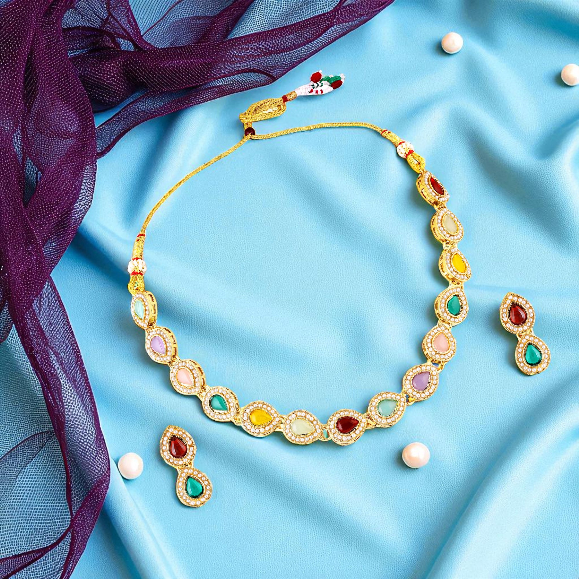 Navratri Inspired Ethnic Multicolor Kundan Necklace Set