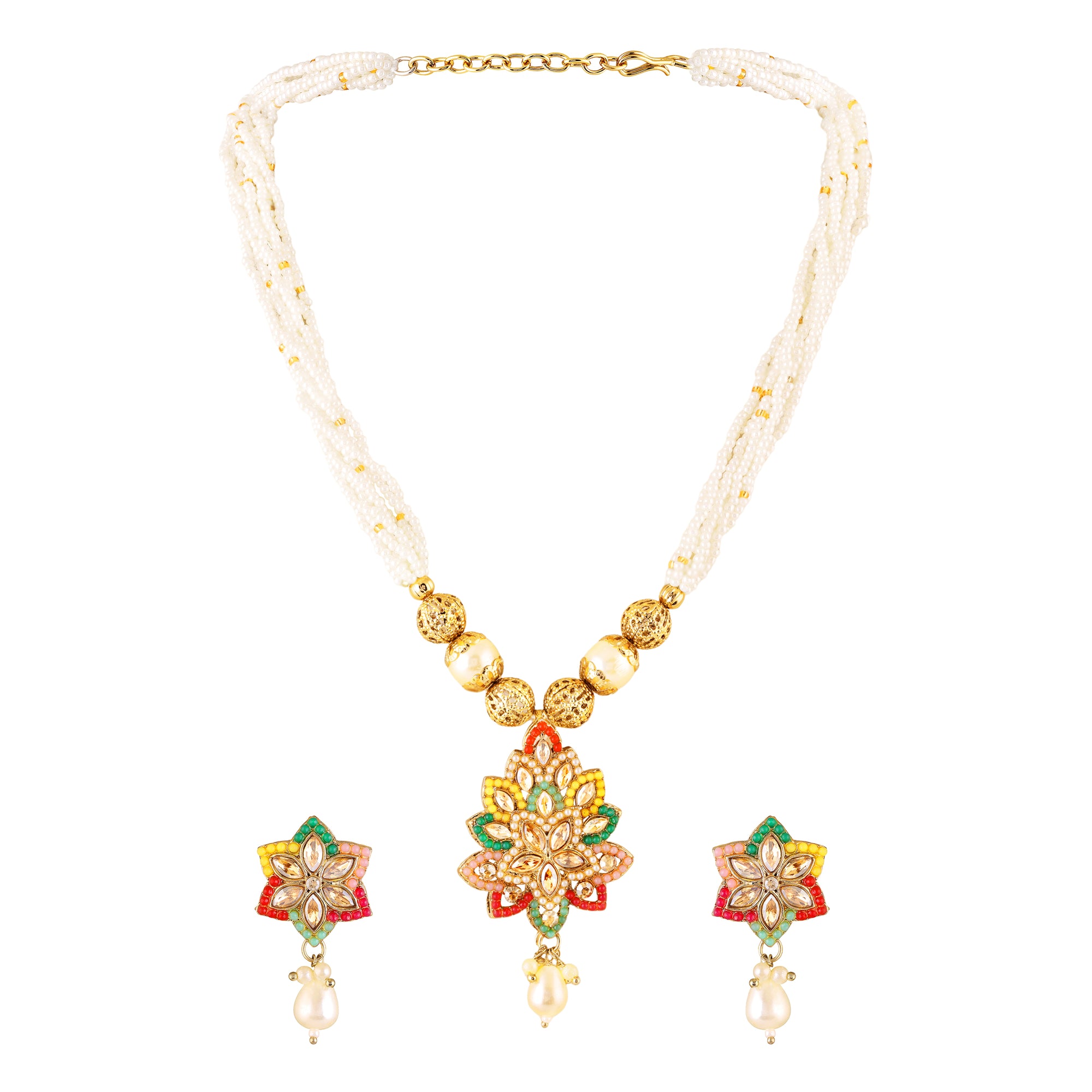 Traditional Multicolor Kundan & Artificial Pearl Beaded Floral Necklace Set