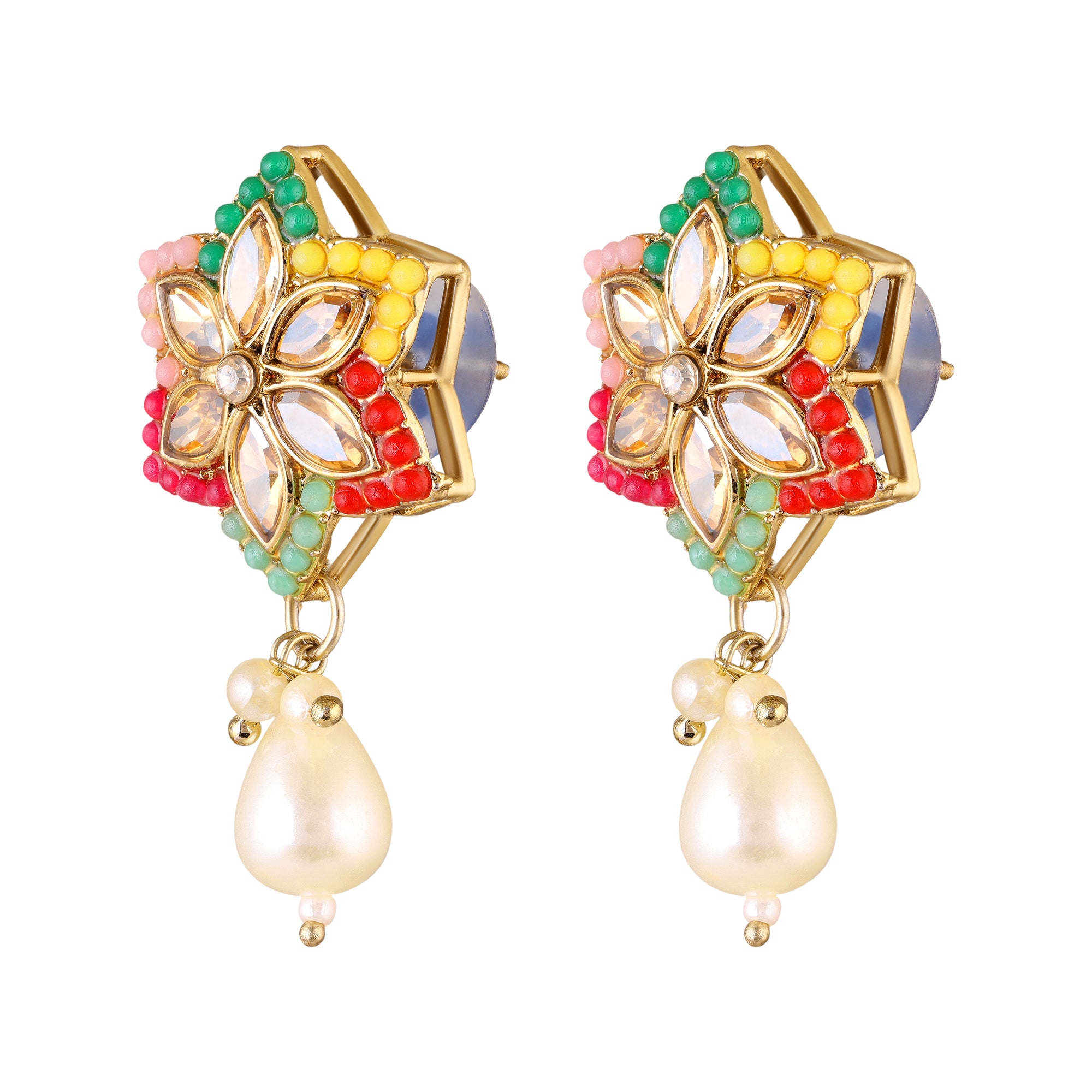 Traditional Multicolor Kundan & Artificial Pearl Beaded Floral Necklace Set