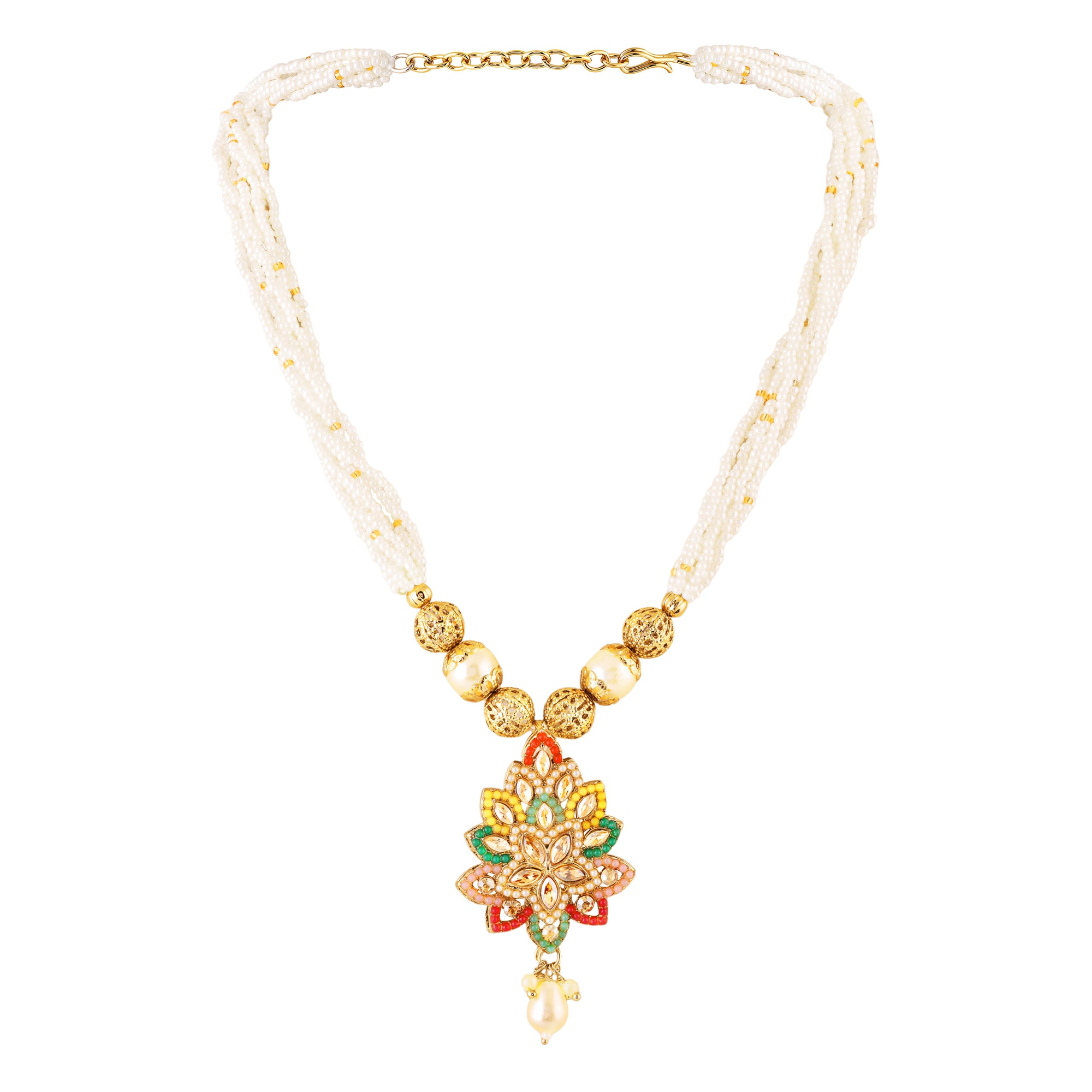 Traditional Multicolor Kundan & Artificial Pearl Beaded Floral Necklace Set
