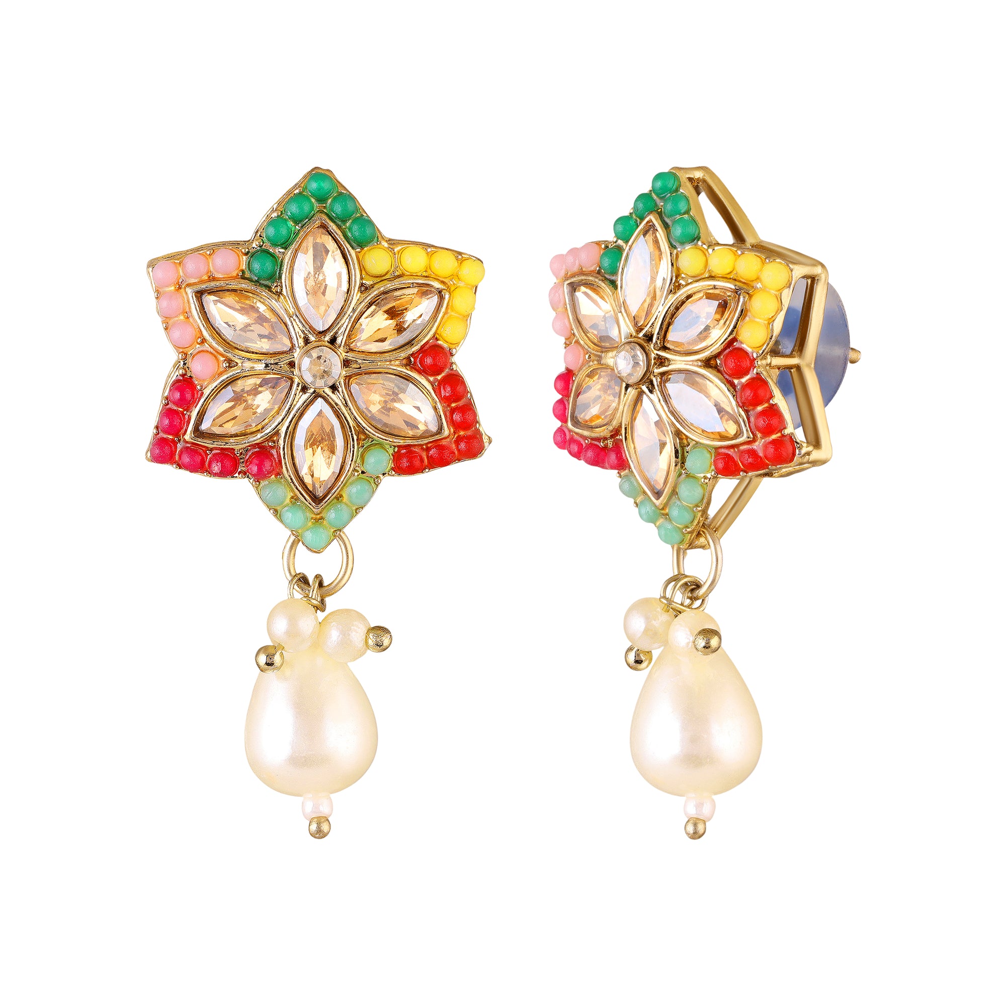 Traditional Multicolor Kundan & Artificial Pearl Beaded Floral Necklace Set