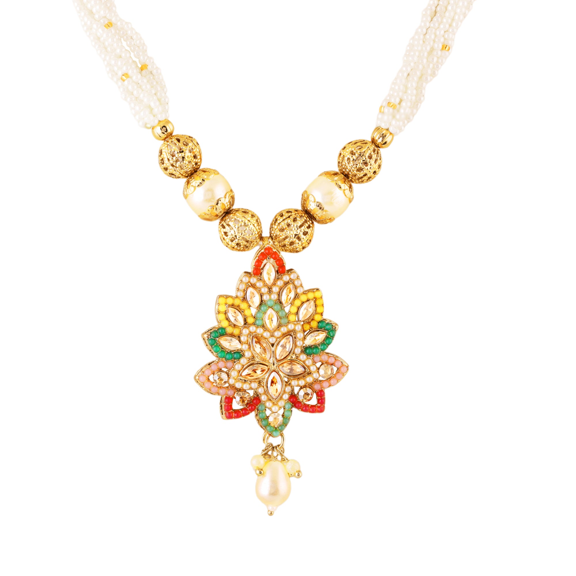Traditional Multicolor Kundan & Artificial Pearl Beaded Floral Necklace Set