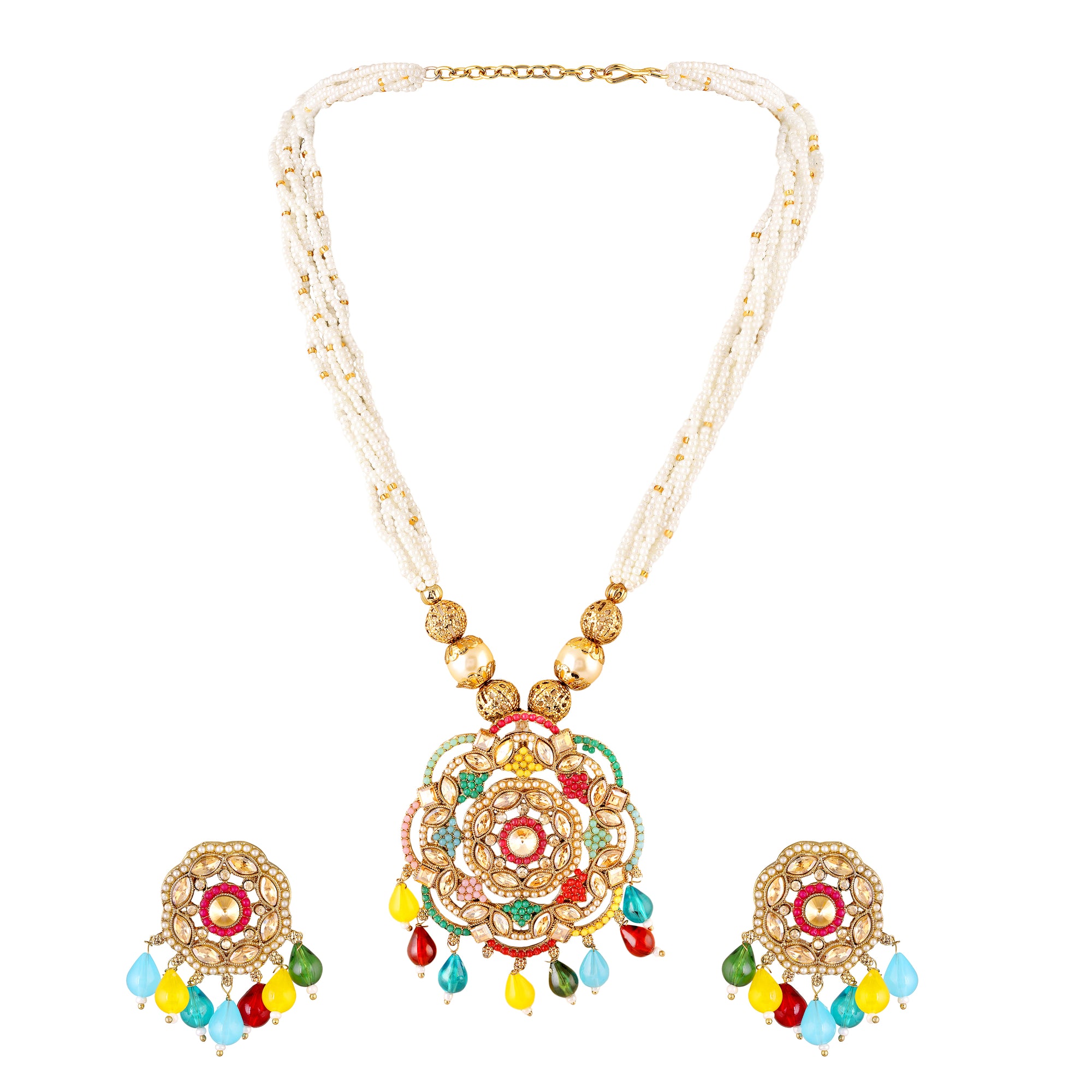 Traditional Kundan & Beaded Multicolor Pendant Necklace Set