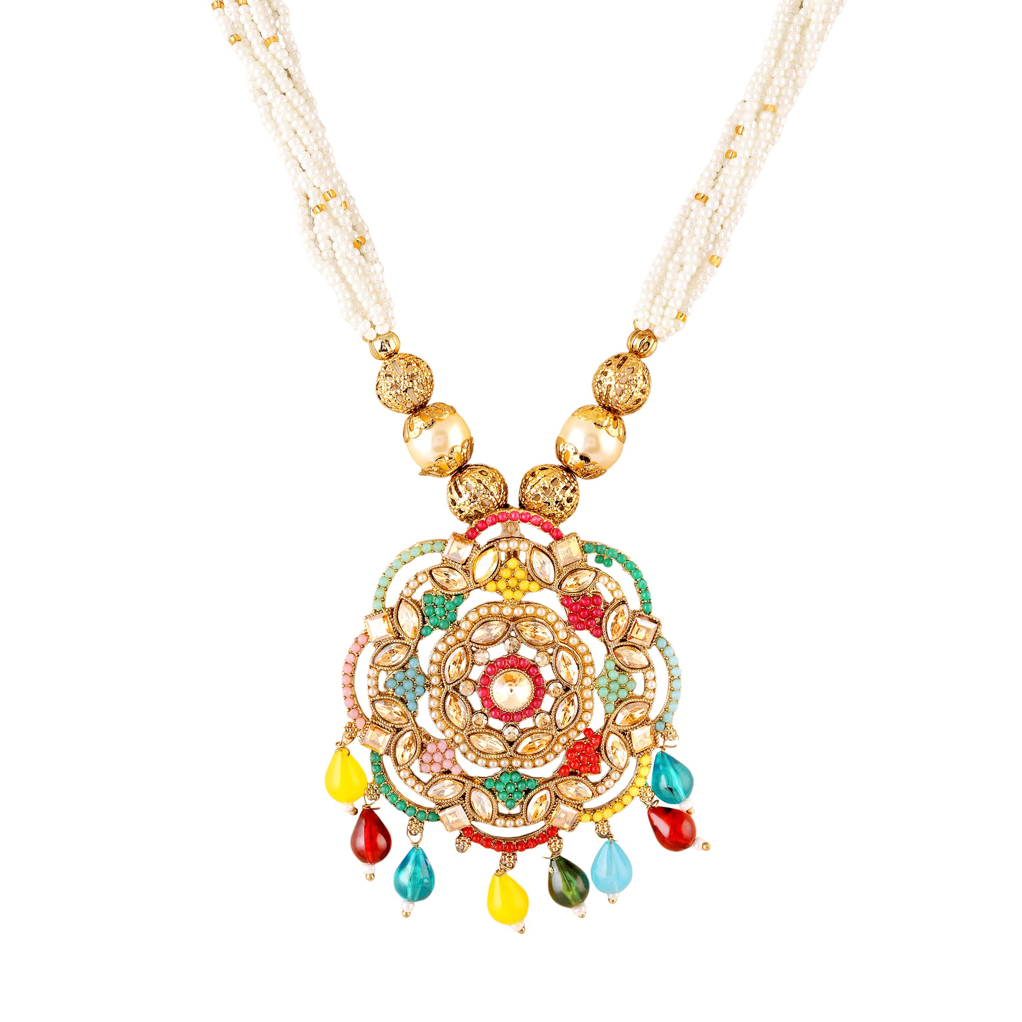 Traditional Kundan & Beaded Multicolor Pendant Necklace Set