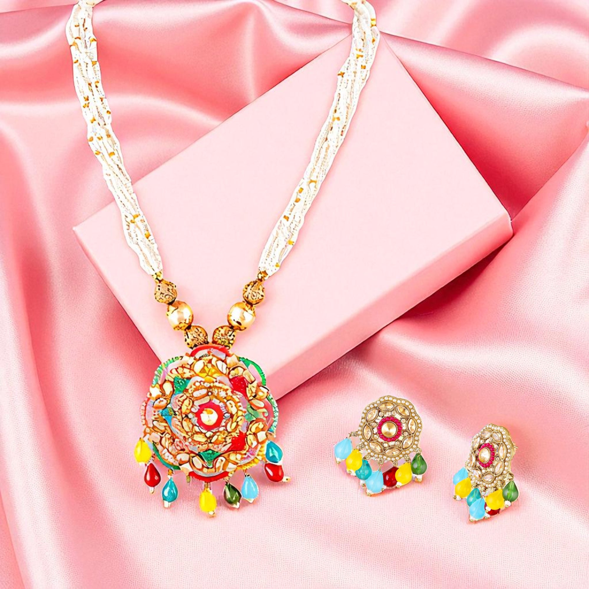 Traditional Kundan & Beaded Multicolor Pendant Necklace Set