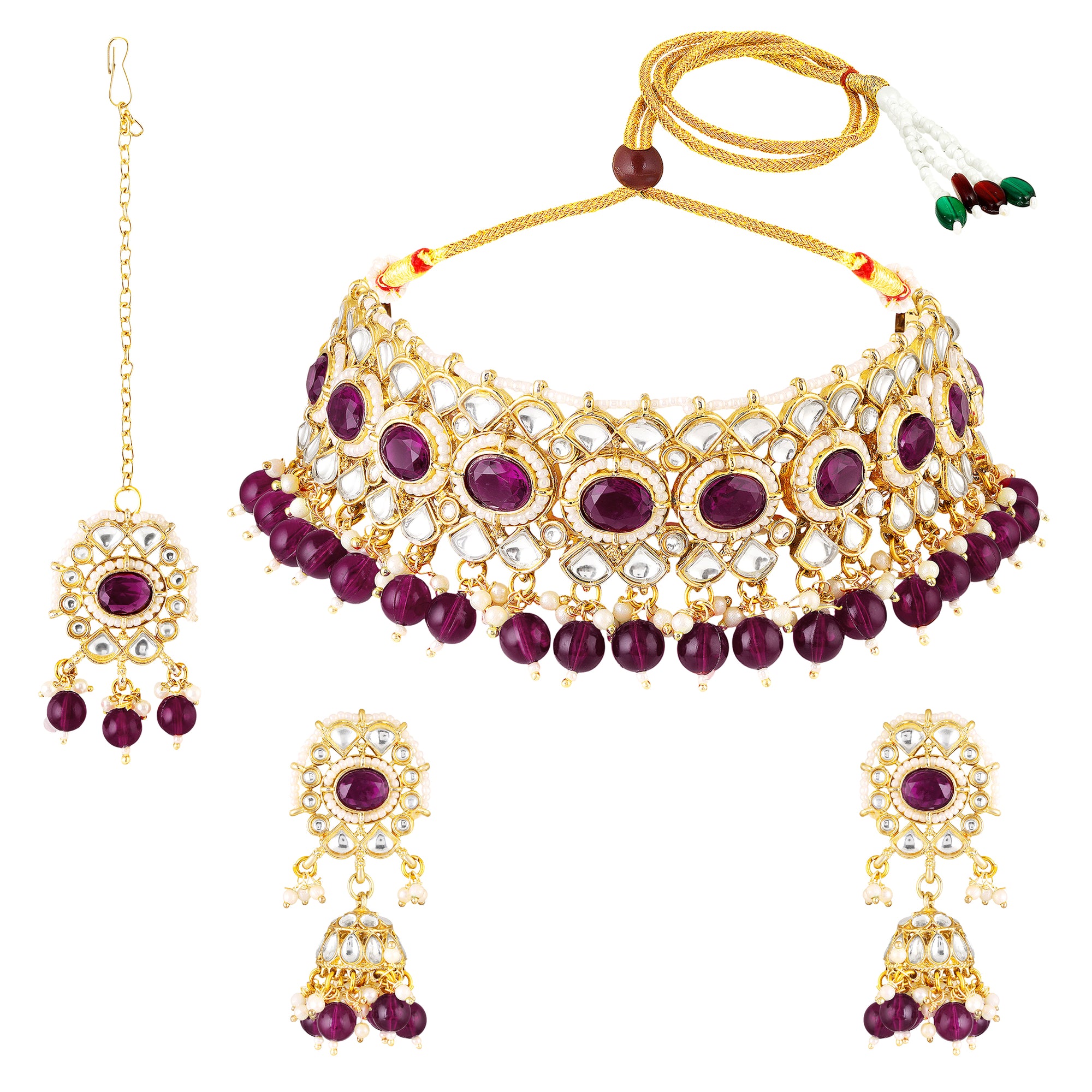 Mahi Traditional Purple & White Kundan, Glass Beads Choker Jewellery Set with Earrings & Maang Tikka Jewellery Set  for Women | Bridal & Wedding Necklace Set (NL1108150GPur)