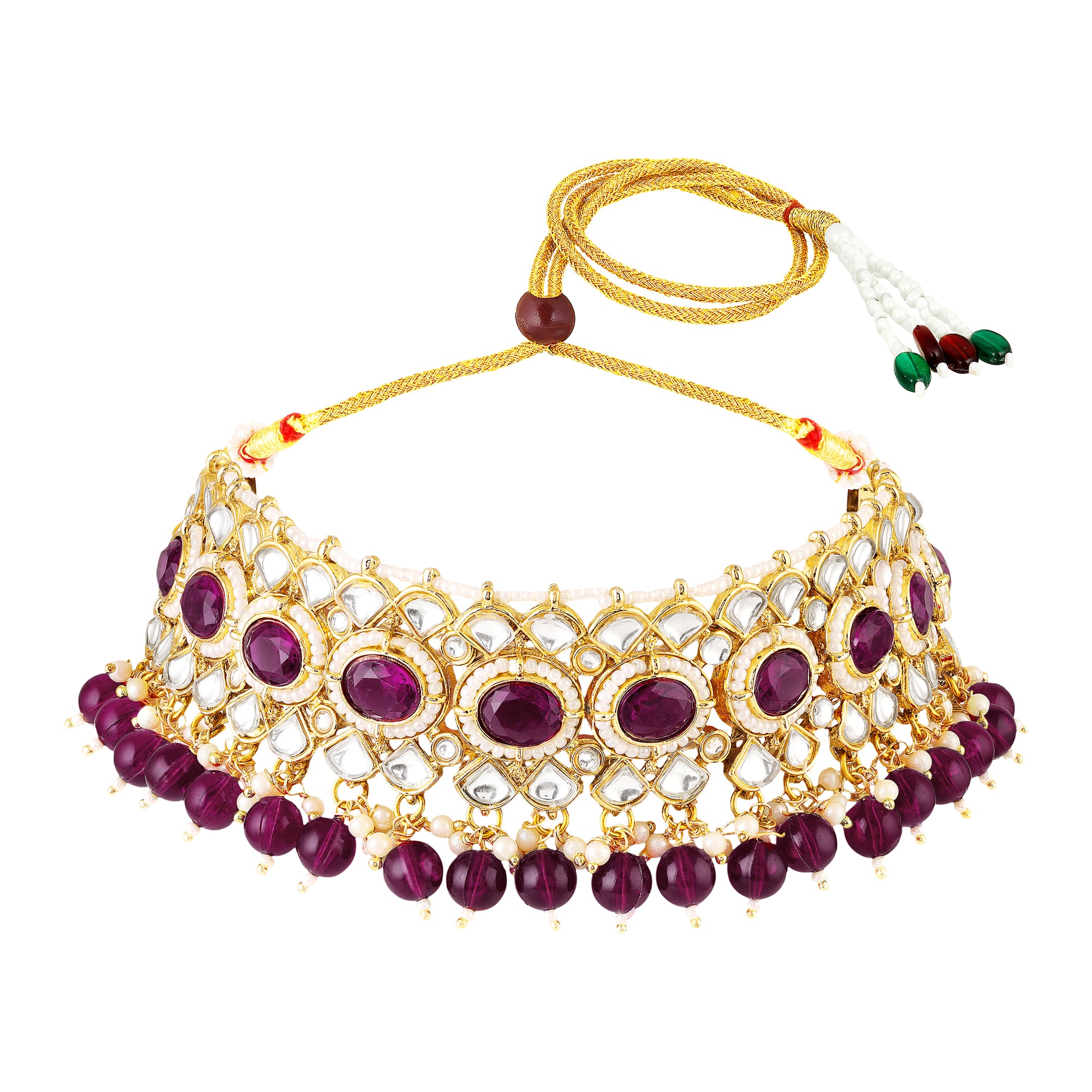 Mahi Traditional Purple & White Kundan, Glass Beads Choker Jewellery Set with Earrings & Maang Tikka Jewellery Set  for Women | Bridal & Wedding Necklace Set (NL1108150GPur)