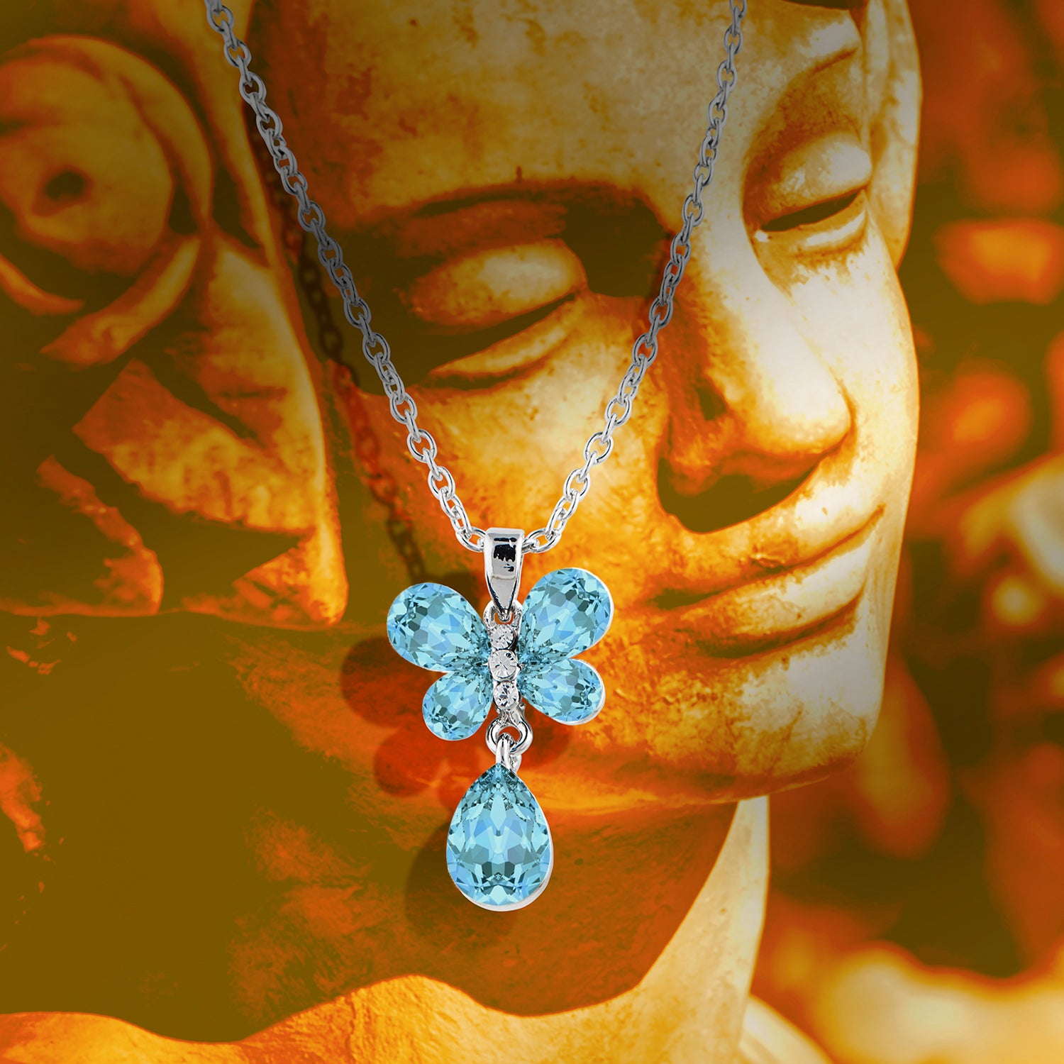 Valentine Gift Carefree Butterfly Pendant with Aqua Blue Crystals