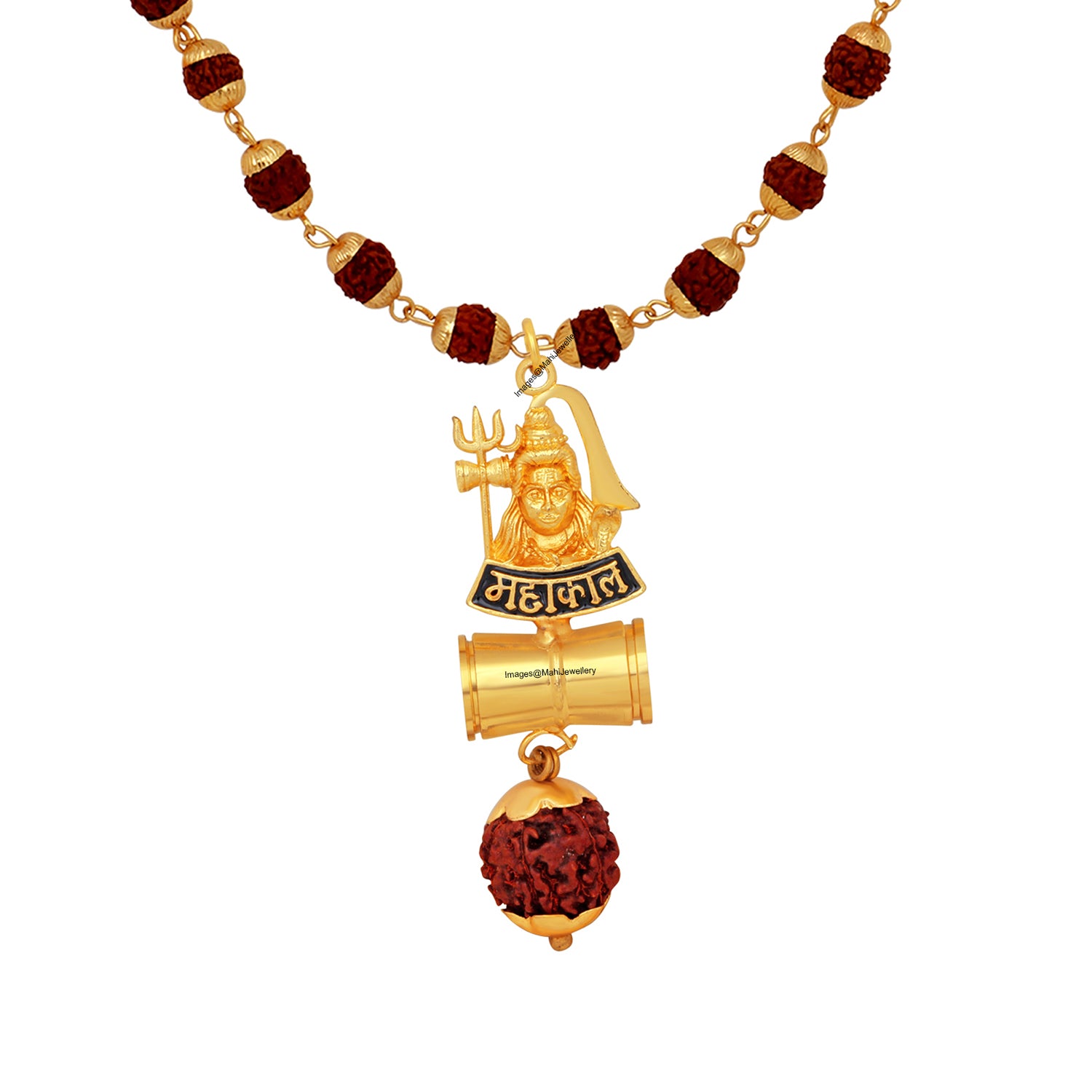 Lord Shiv / Mahakal Trishul and Damru Pendant with 24 Inch Rudraksh Mala