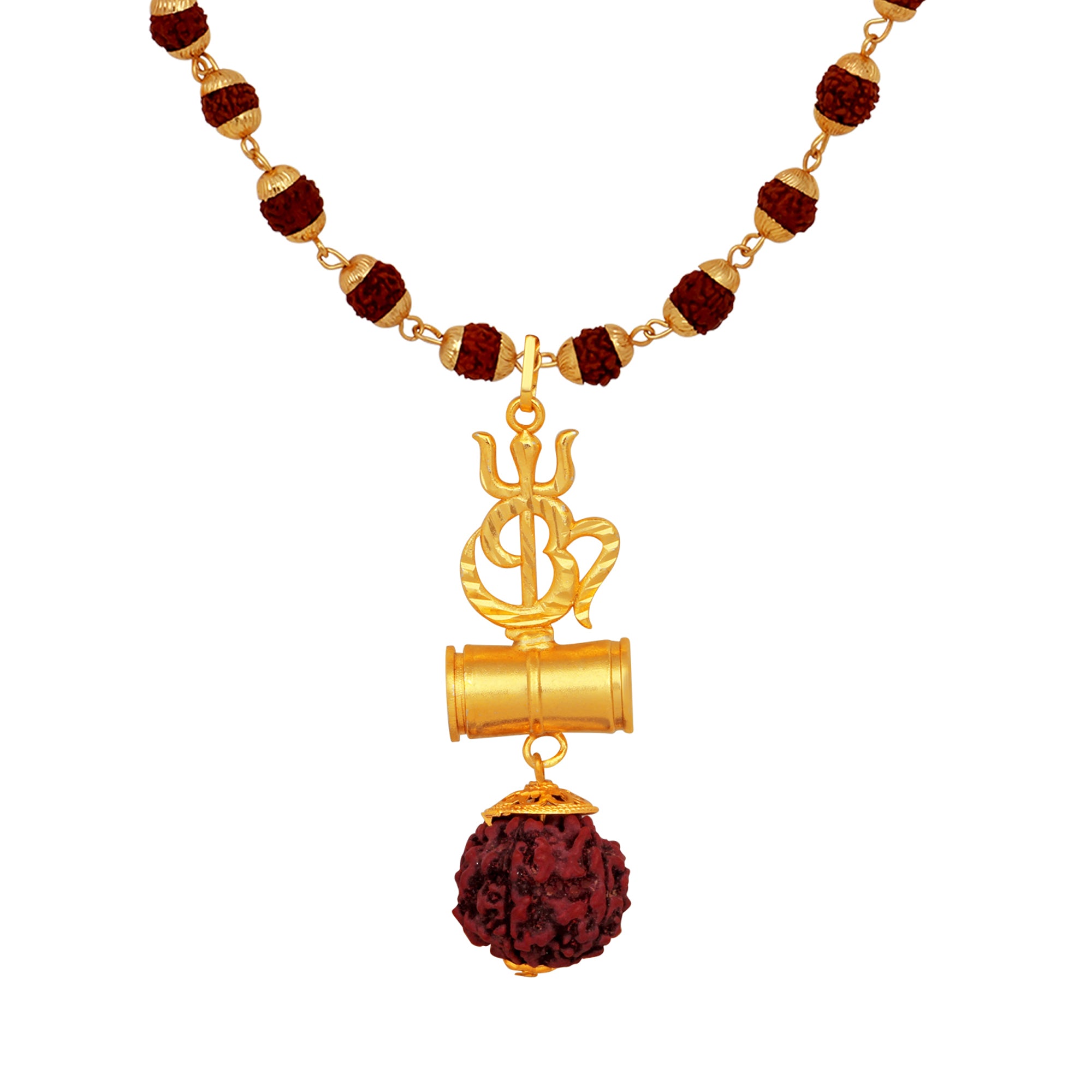 OM Trishul and Shiva Damru Pendant with 24 Inch Rudraksh Mala