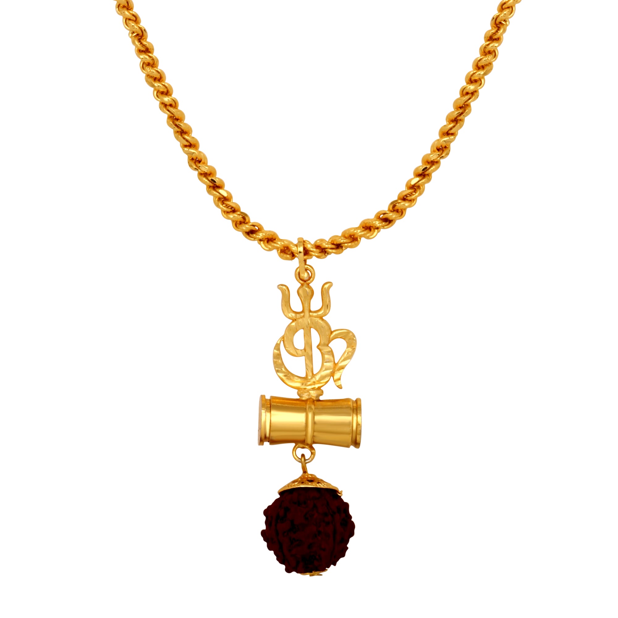OM Trishul and Shiva Damru Pendant with 20 Inch Rope Chain