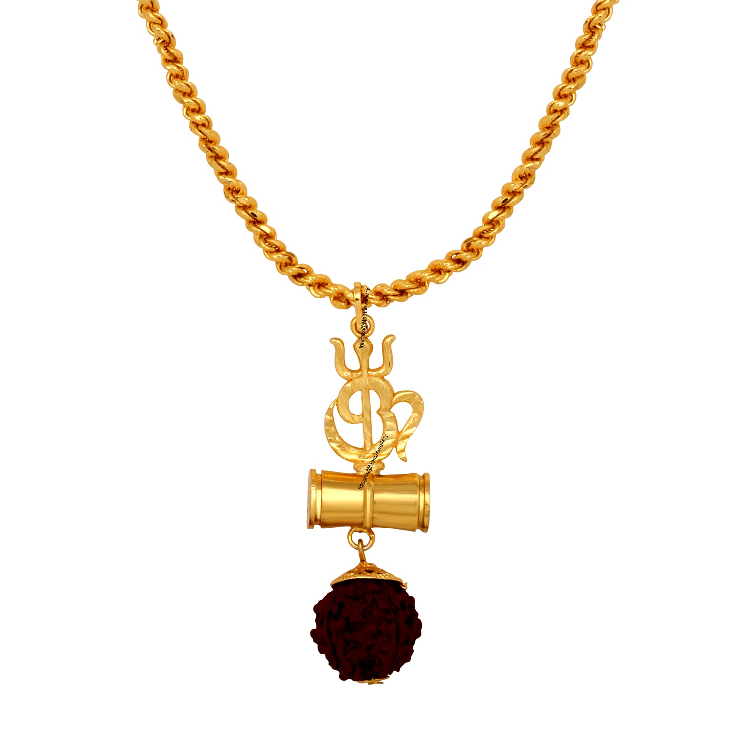OM Trishul and Shiva Damru Pendant with 20 Inch Rope Chain