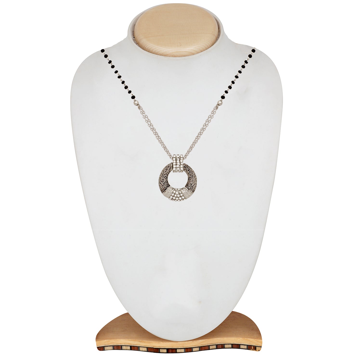 Silver Oxidized Round Crystal Mangalsutra Pendant