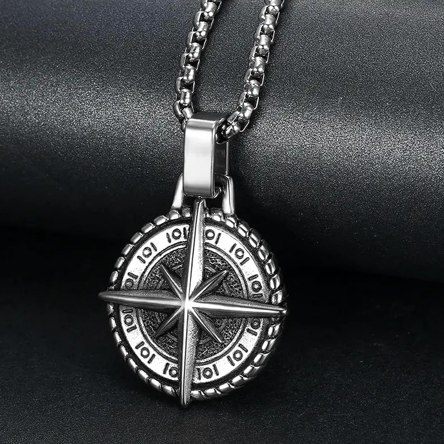 Oxidised Round Pendant Cross Compass Necklace Chain