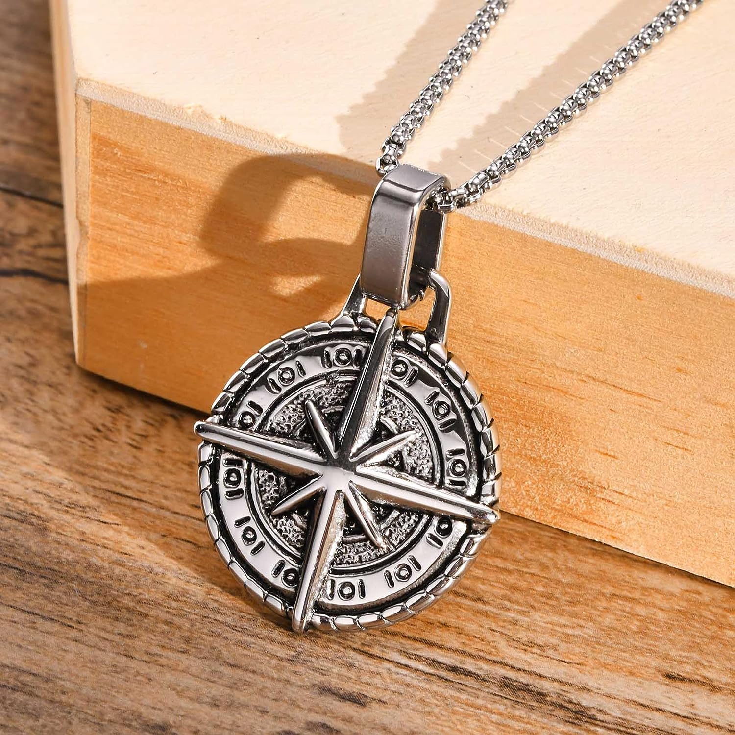 Oxidised Round Pendant Cross Compass Necklace Chain