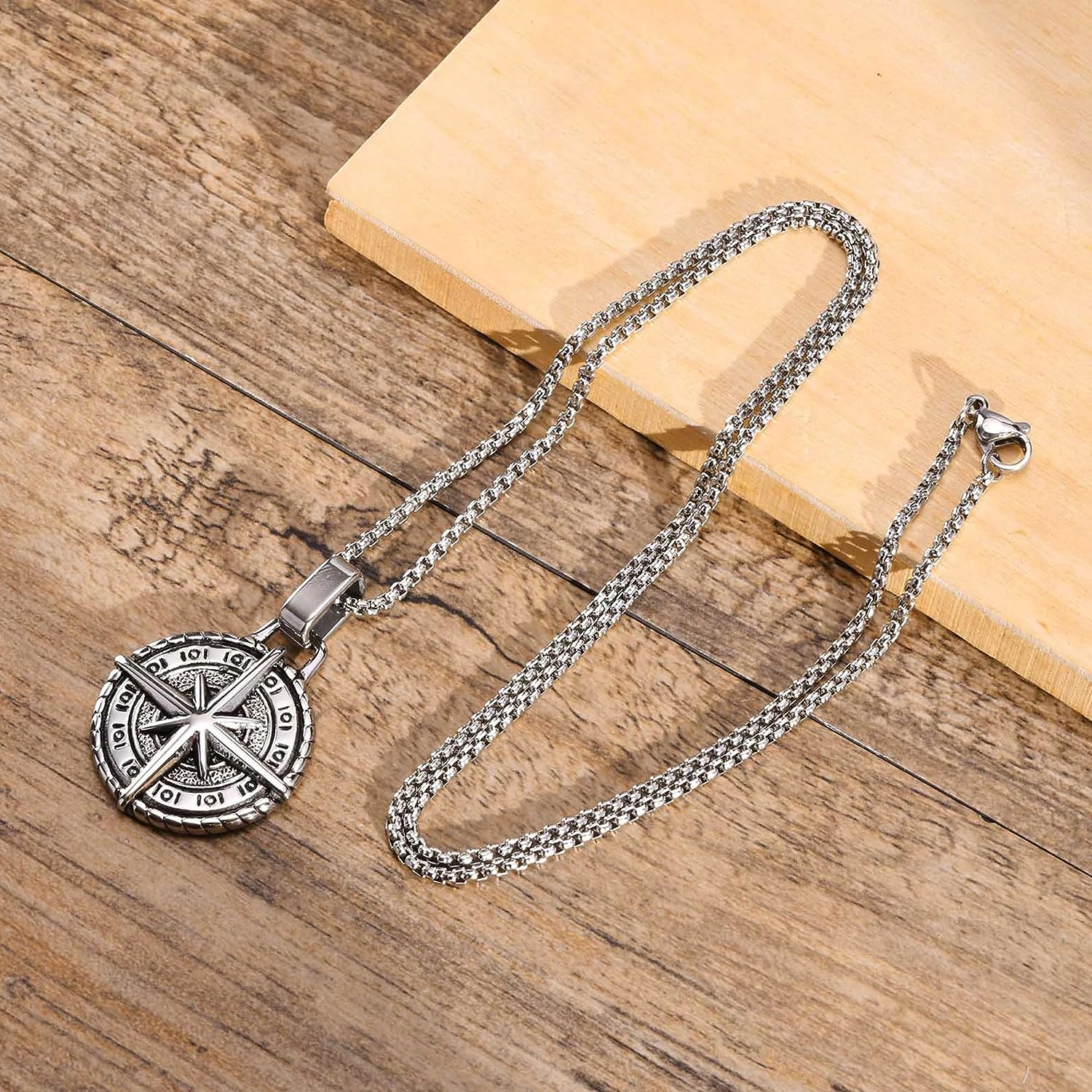 Oxidised Round Pendant Cross Compass Necklace Chain