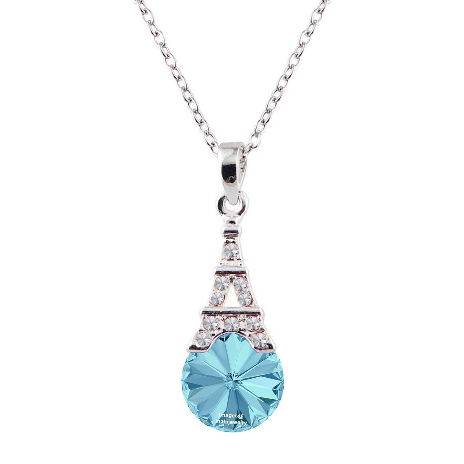 Amethyst Aqua Blue Eiffel Tower Love Pendant with Crystals