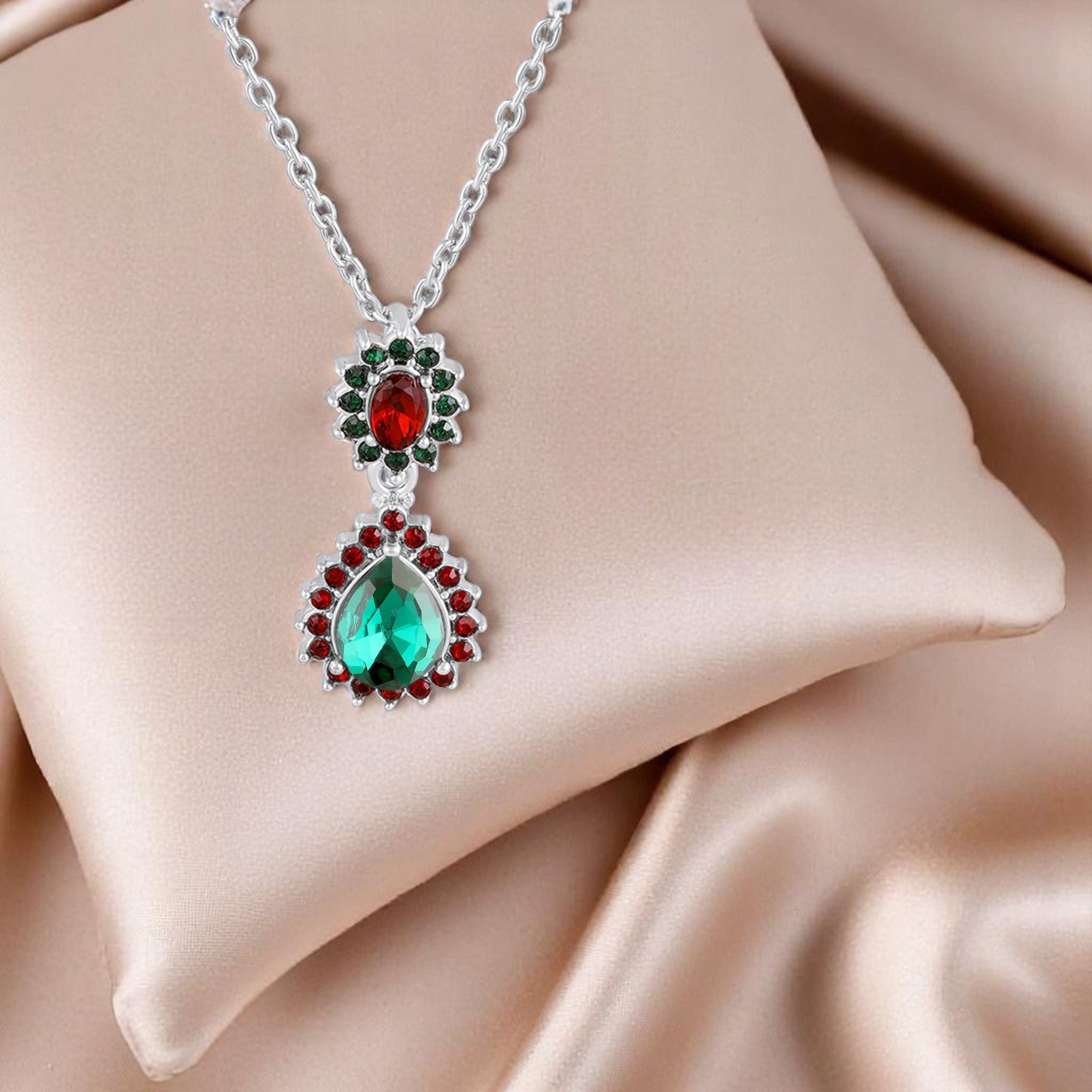 Elegant Teardrop Green & Red Crystals Pendant