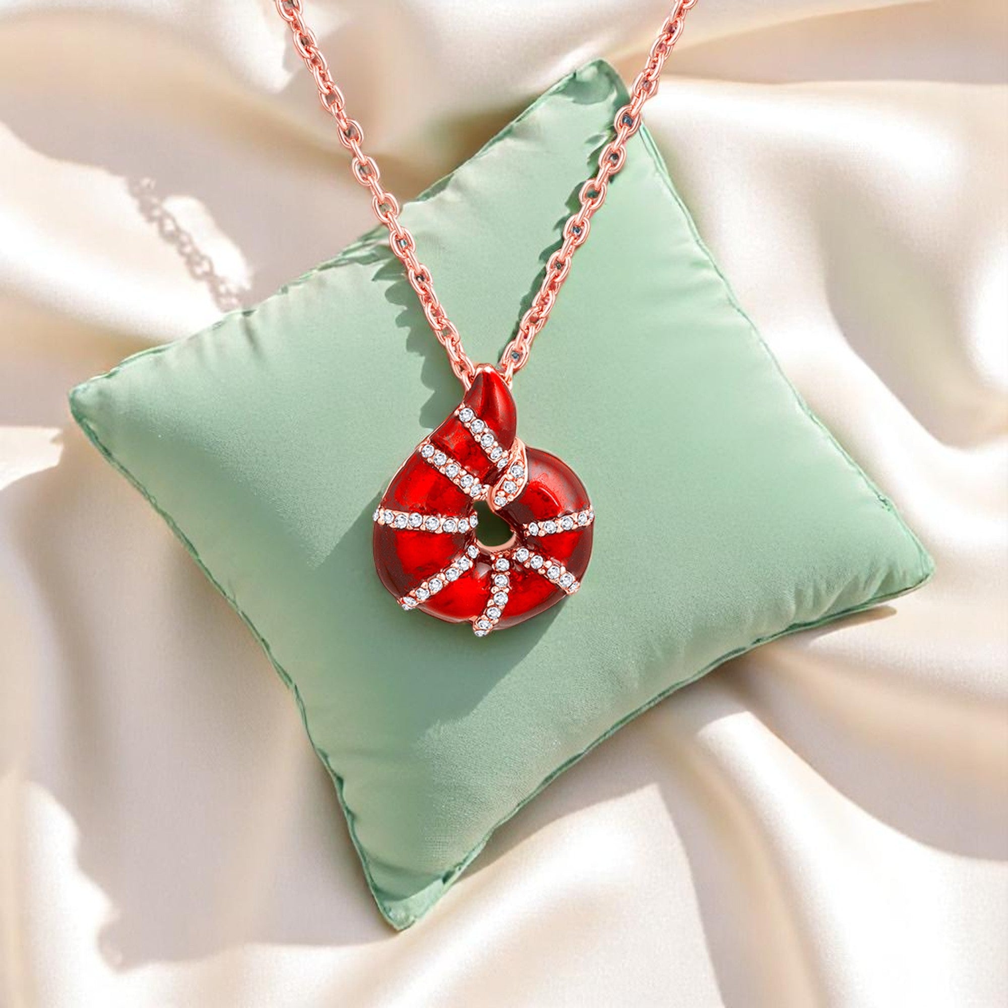 Red Meenakari Work Shell-Shaped Pendant with Crystal Accents